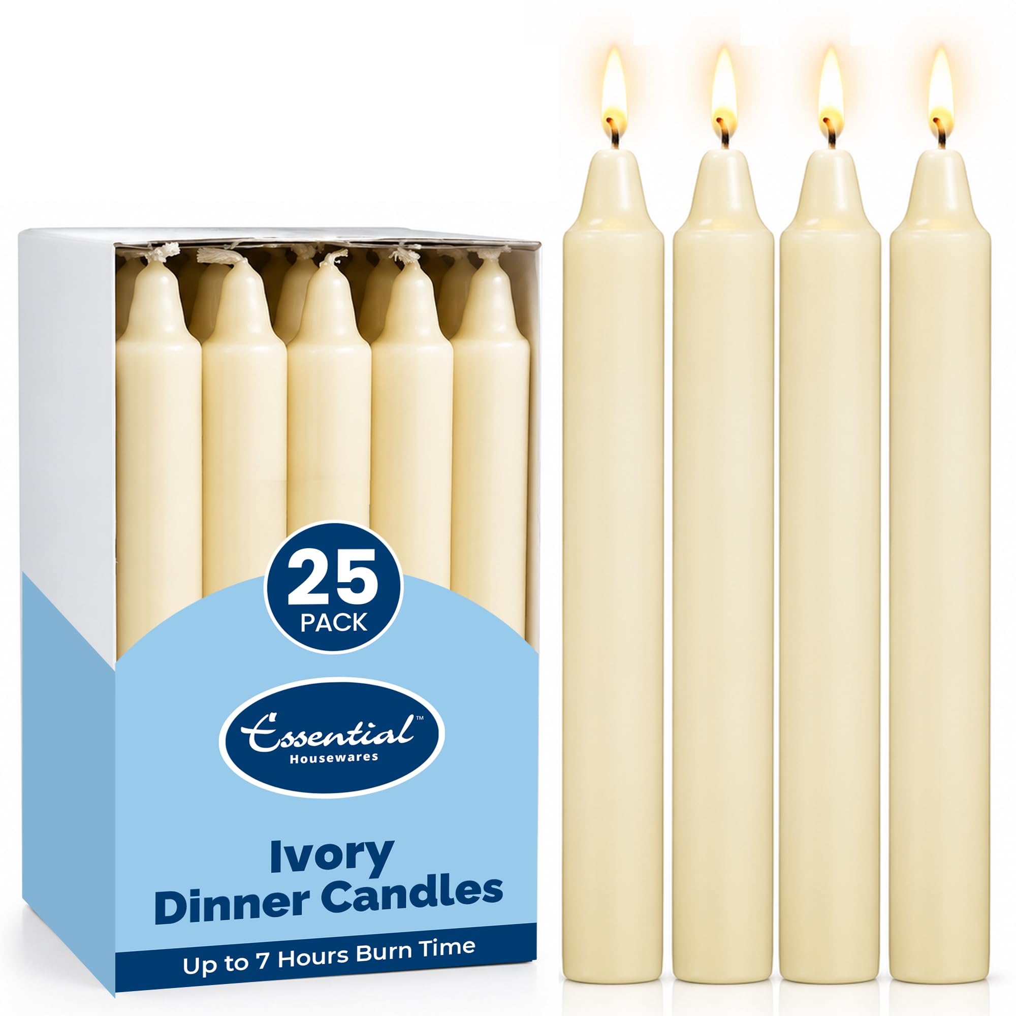 Essential Housewares 25 Ivory Dinner Candles - Long Burning 6-7 Hours Premium Classic Unscented Dinner Candles for Home Decor, Weddings & Events. Pack of 25 Candle Sticks.