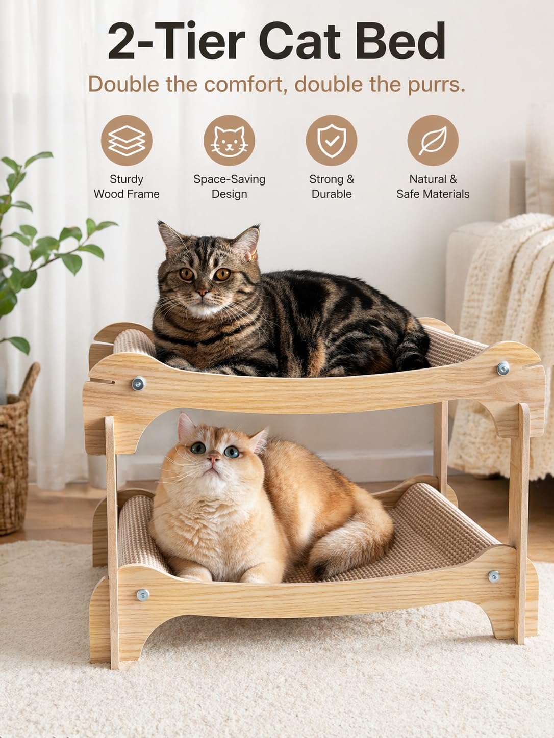 Two Level Sisal Cat Scratcher Bed, Double Cat Bed with Interactive Hanging Plush Ball, 2 Tier Scratching Cats bunk Bed for Indoor Small Medium Cats Kittens