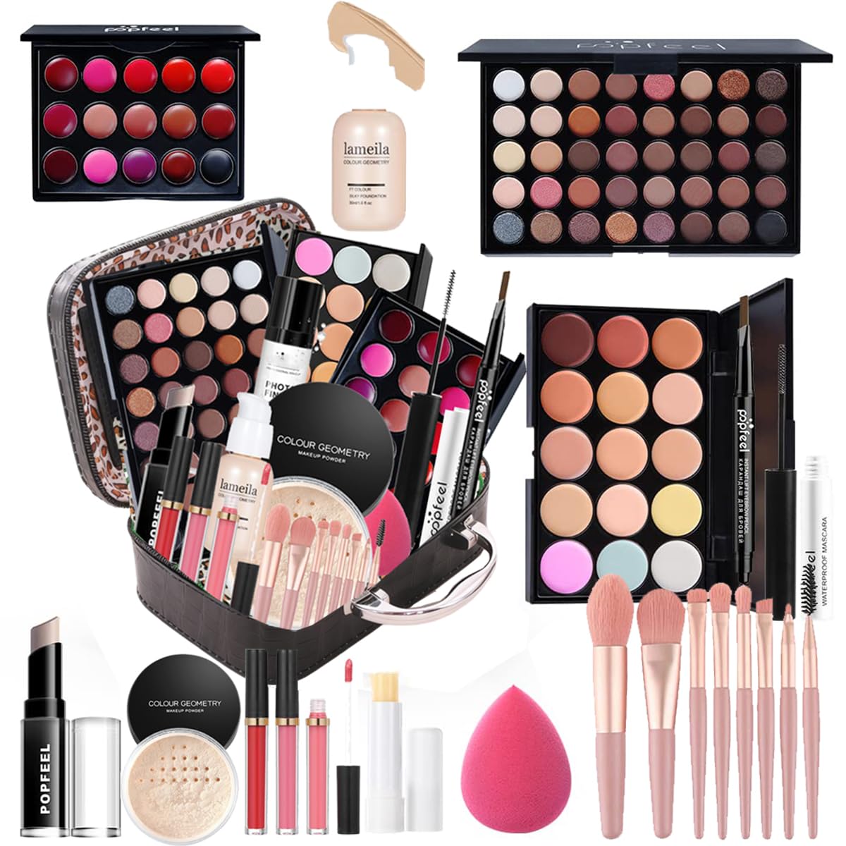 All in One Makeup Kit for Women - Eyeshadow Palette, Lip Gloss Set, Brush Set, Bag, Eyebrow Pencil, Mascara and Face Makeup (KT18)