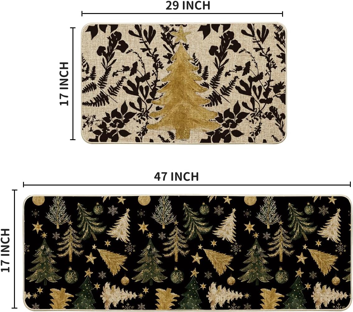 Artoid Mode Golden Xmas Tree Ornament Christmas Kitchen Mats Set of 2, Winter Low-Profile Home Decor Kitchen Rugs for Floor - 17x29 and 17x47 Inch