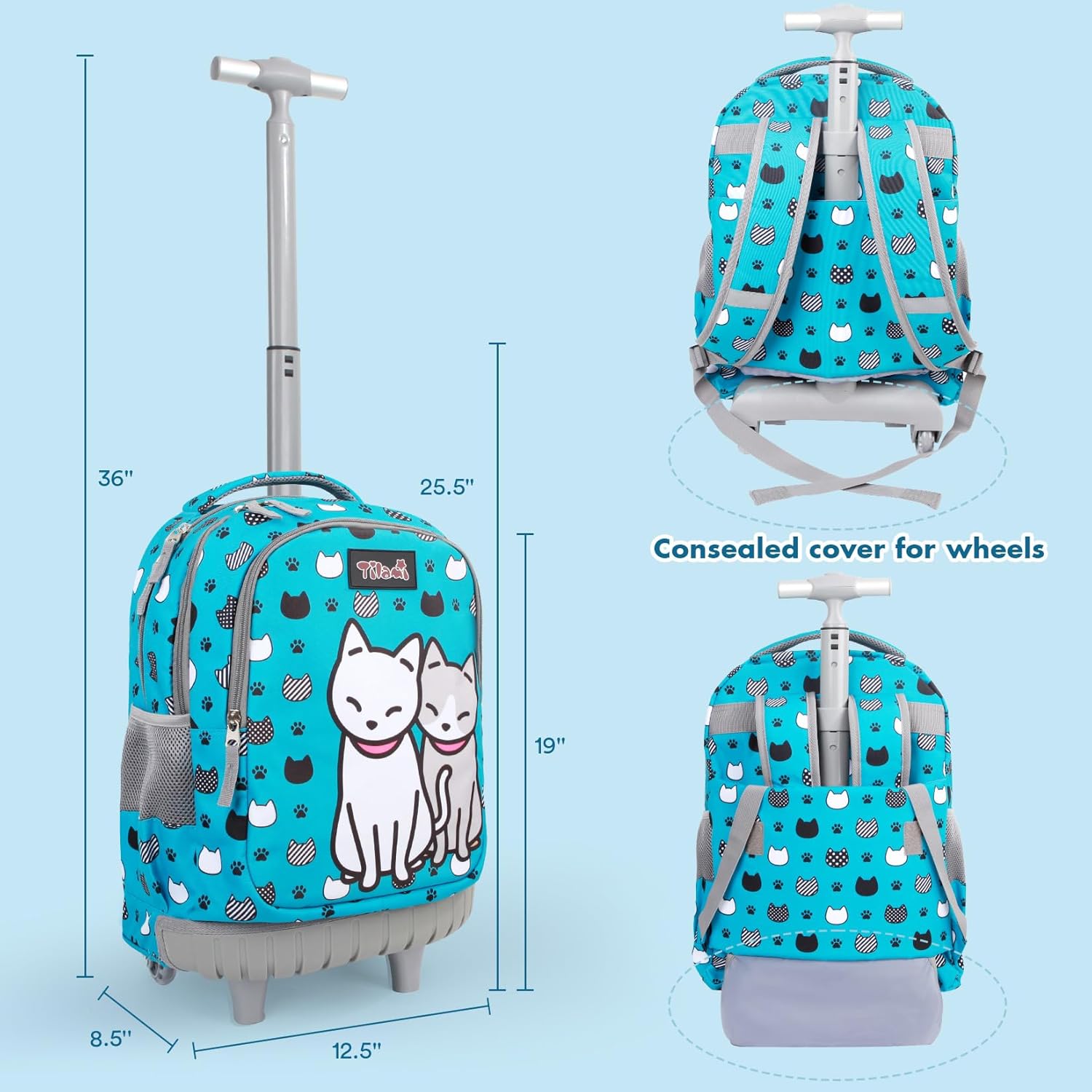 Tilami Rolling Backpack for Kids 18 Inch Wheeled Bookbag for Boys & Girls for School & Travel,Cats