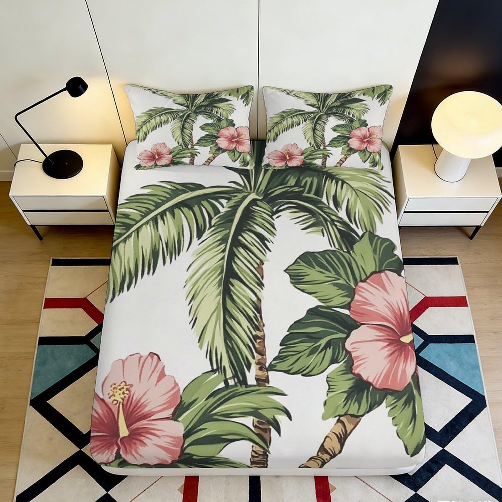 3D Printed Tropical Palm Fitted Sheet Microfiber Soft Breathable Hibiscus Mattress Cover for Bedroom Guest Room Decor 90x200x25cm