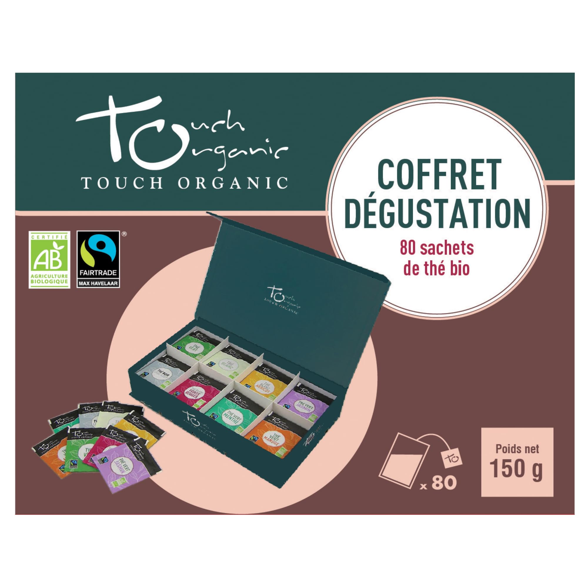 Touch Organic - Coffret Dégustation de Thés Bio | 8 Variétés & 80 Sachets | Collection Premium avec Thés verts, blanc et parfumés | Coffret cadeau