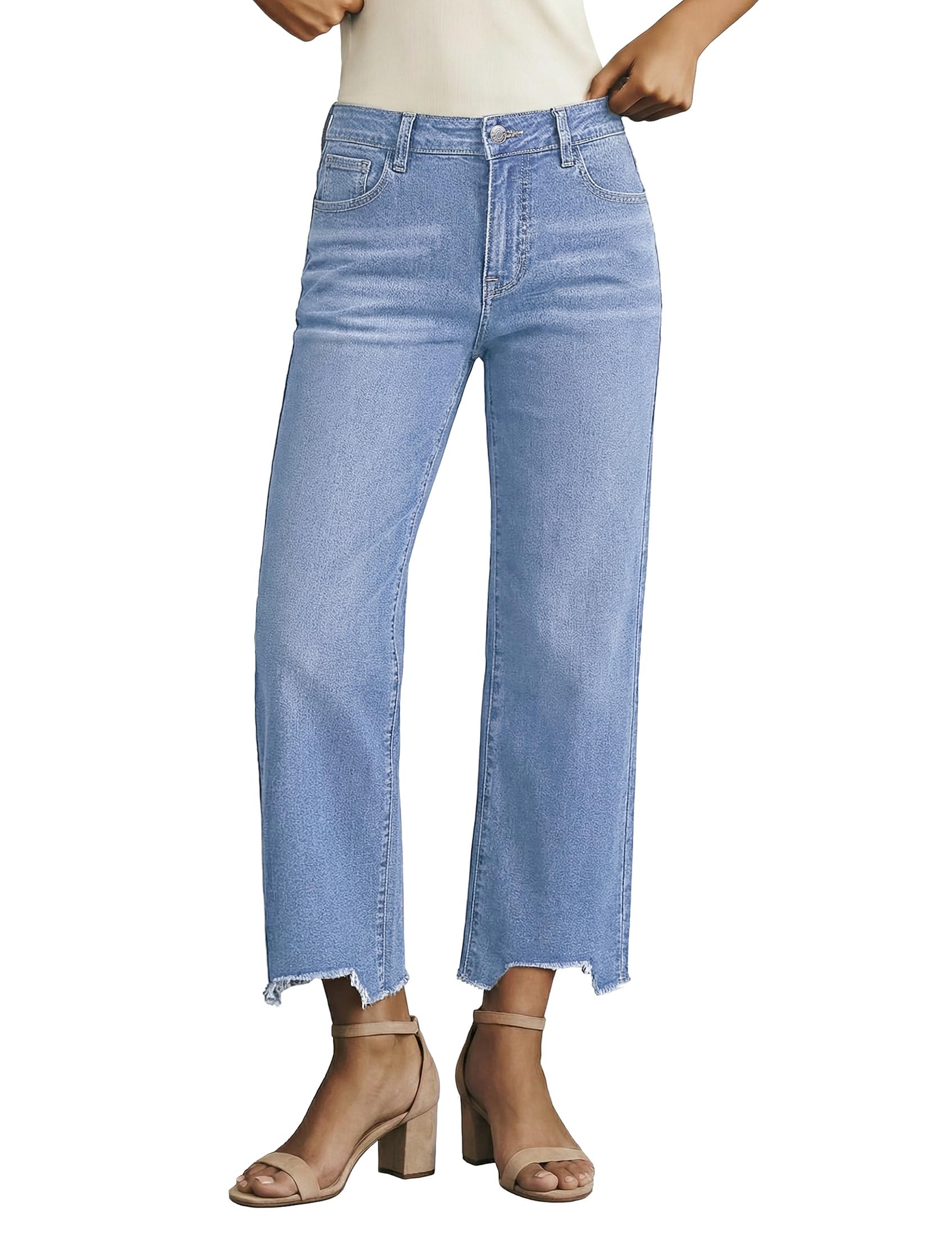 luvamia Straight Leg Jeans for Women Cropped Mid Rise Baggy Raw Hem Stretchy
