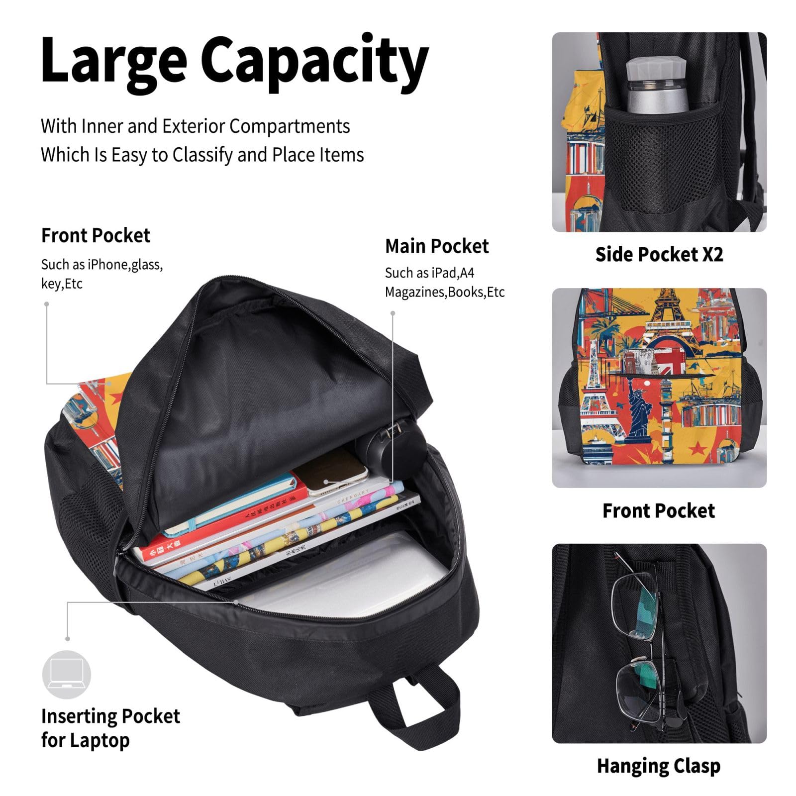 Zaino, borsa portapranzo, astuccio, set da 3 pezzi, per lavoro e