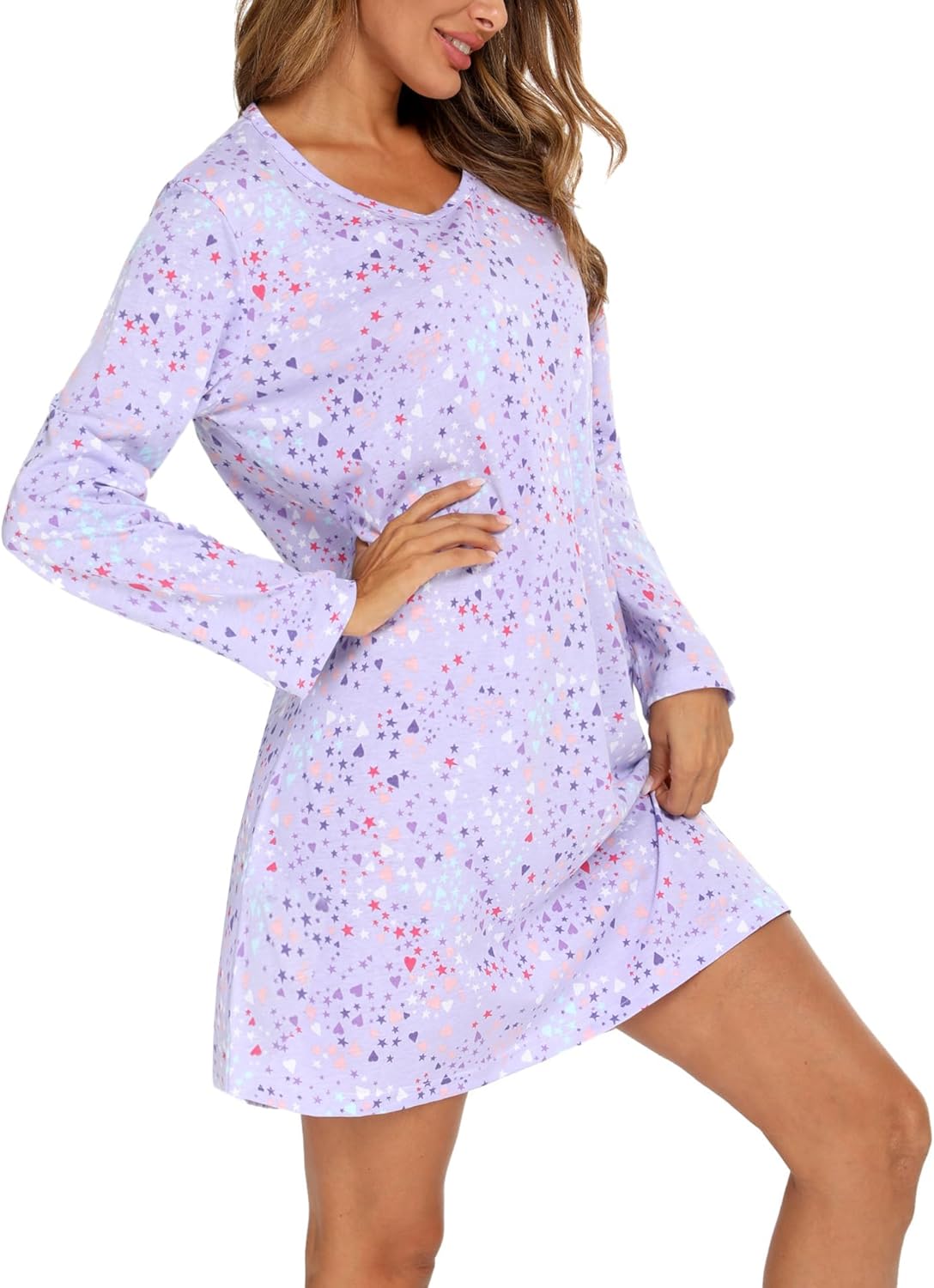ENJOYNIGHT Women's Cotton Sleepwear Long Sleeves Nightgown Print Tee Sleep Dress - Image 2