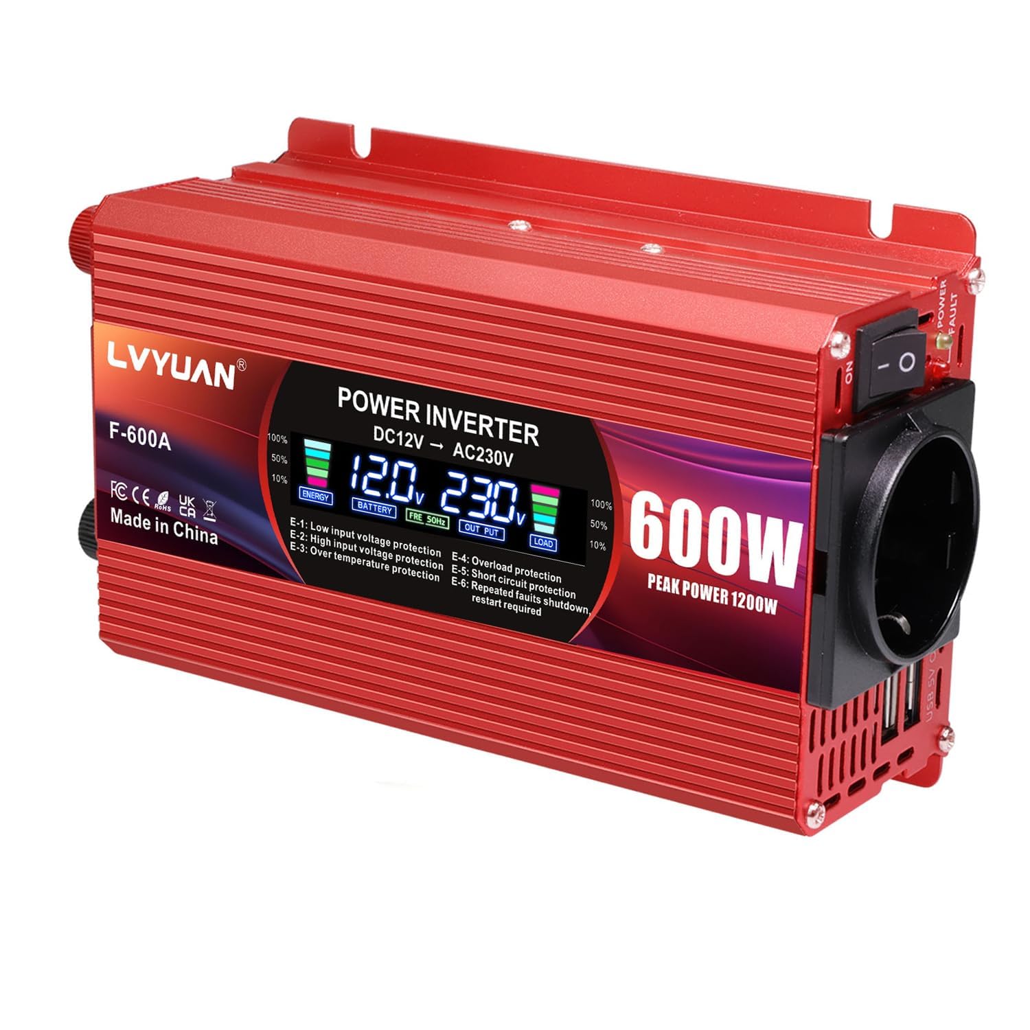 LVYUAN 600W/ 1200W Convertidor de tensión CC 12 V a CA 220V Convertidor de Corriente Inversor para Coche, Autocaravana, camión