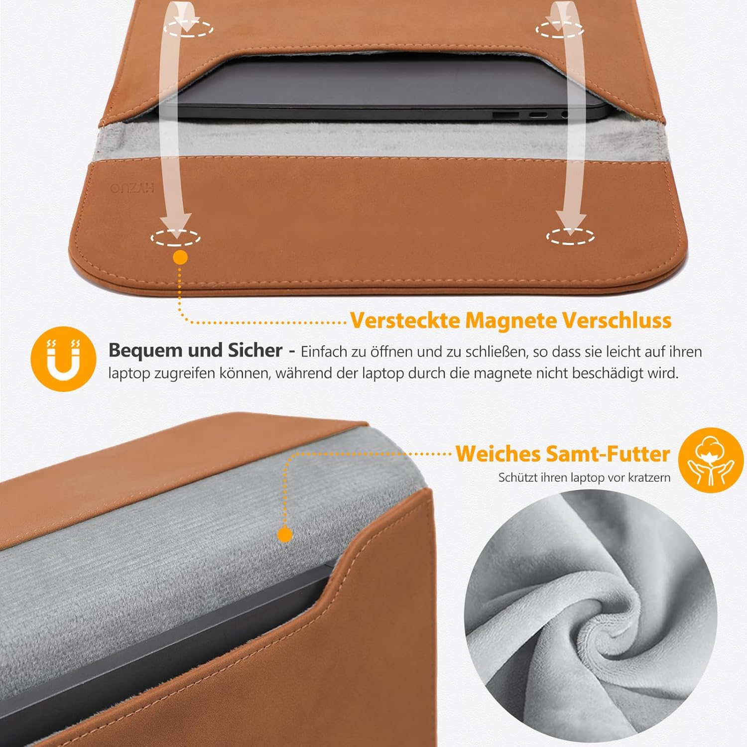 HYZUO 15 Inch Laptop Sleeve Bag for MacBook Air 15 M4 A3241 M3 M2 2026-2023, 15" Surface Laptop 7/6/5/4/3, MacBook Pro 15 2019-2016, Faux Suede Leather Case Cover with Carry Pouch, Brown - Image 4