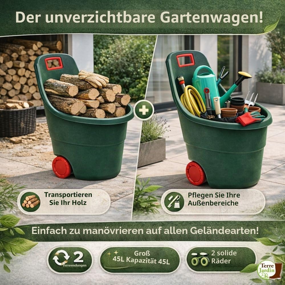 TERRE JARDIN Gartenwagen 45 L, 2 Räder, Kunststoff, Grün, 48 x 48 x 85 cm