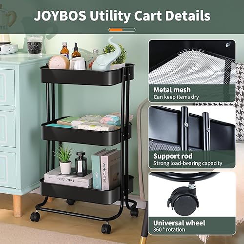 Miniatura 3 de JOYBOS Carritos utilitarios de metal de 3 niveles con ruedas, carrito rodante de almacenamiento resistente, carrito de comestibles de organización