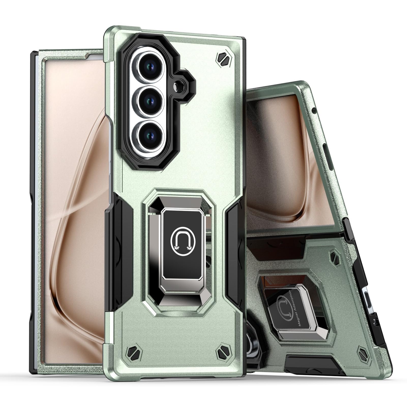 Odporne na wstrząsy etui do Samsung Galaxy Z Fold 8 Ultra, metalowy pierścień matowe etui ochrona podwyższonej krawędzi wojskowy PC smukły stojak powłoka odporna na uderzenia (zielona)
