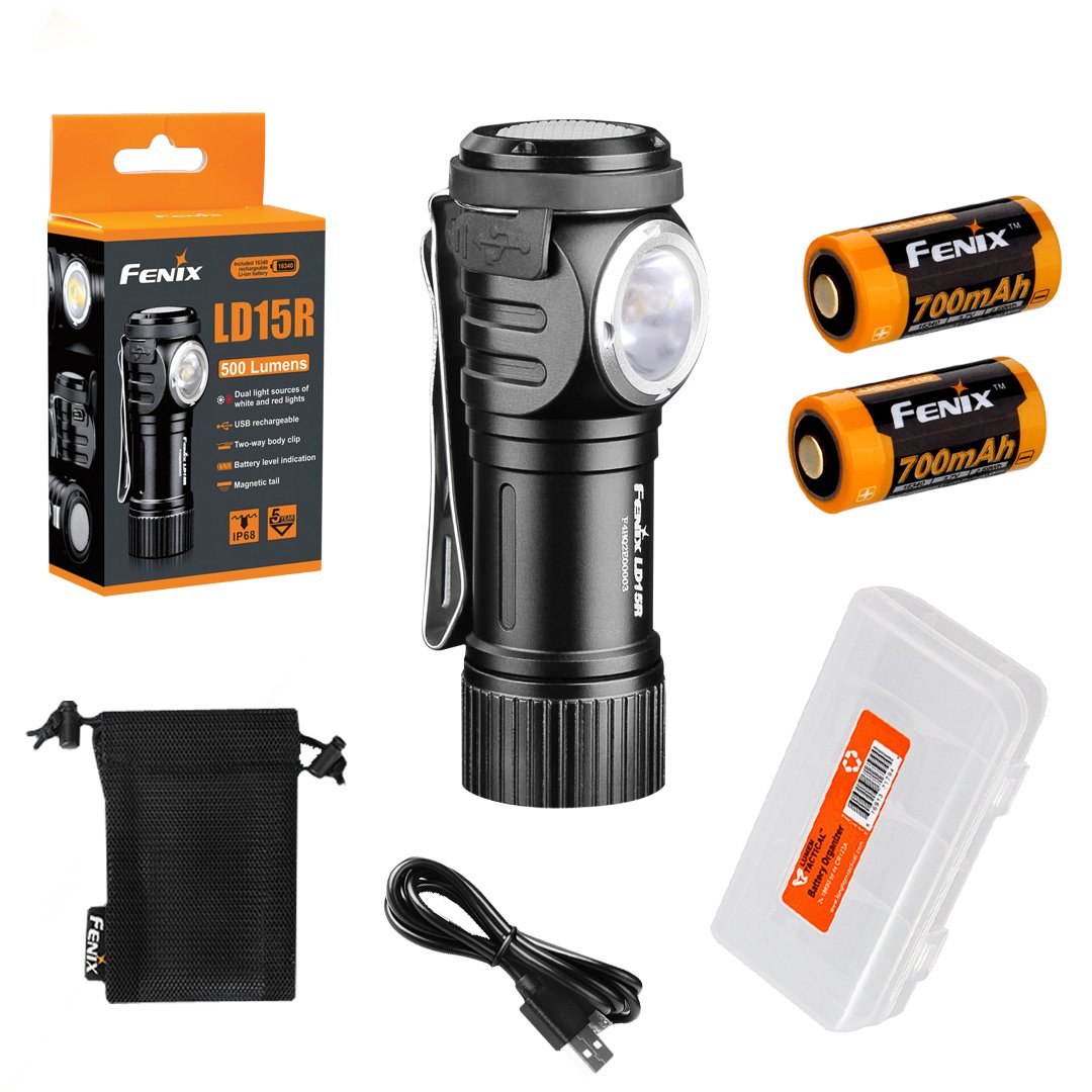 fenixLD15R 500 Lumen Right-Angle White Red LED Rechargeable Mini Flashlight with 2x Batteries and LumenTac Battery Organizer