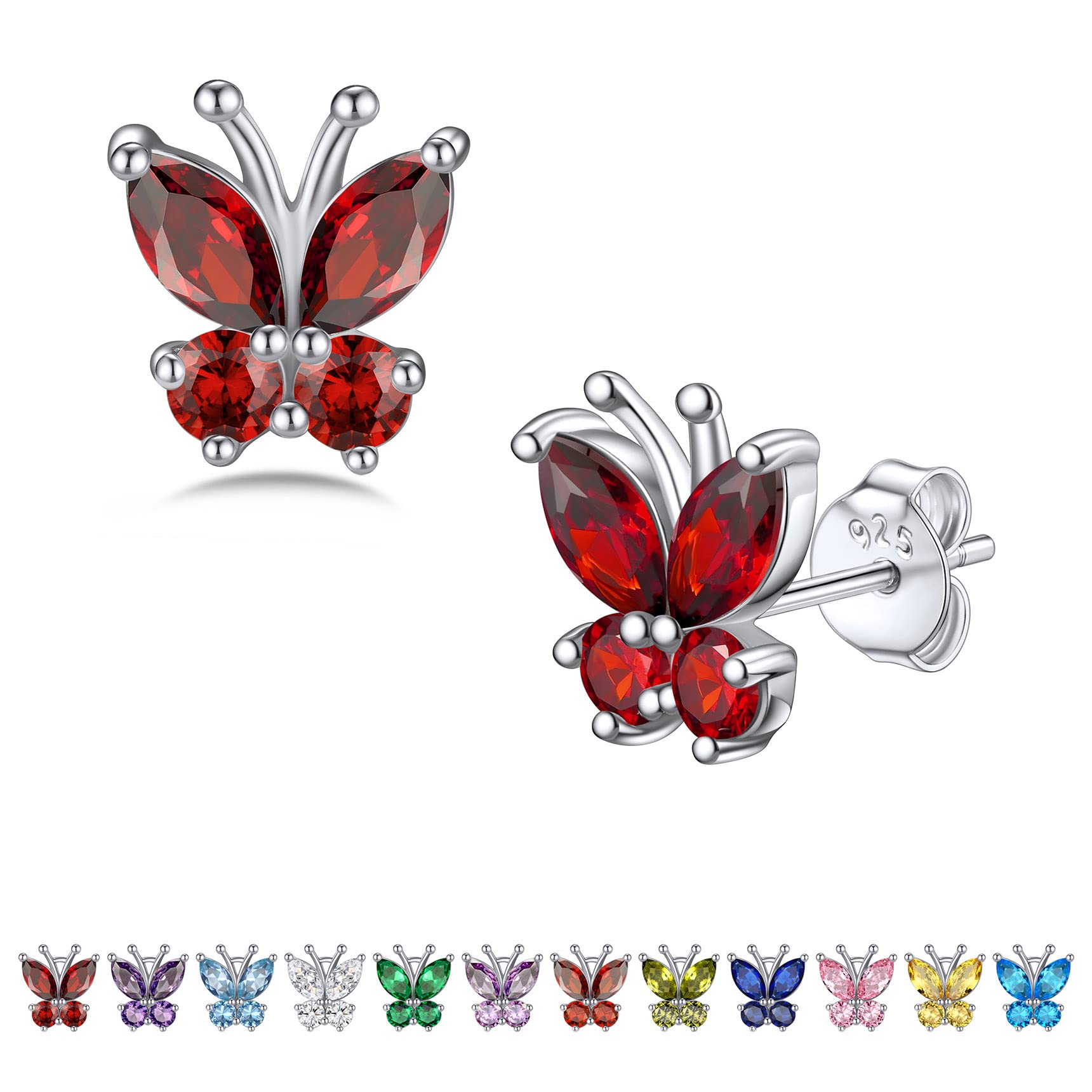 Bestyle Sterling Silver Butterfly Earrings for Women Dainty Cute Birthstone Studs Hypoallergenic Jewelry Great Birthday Gift