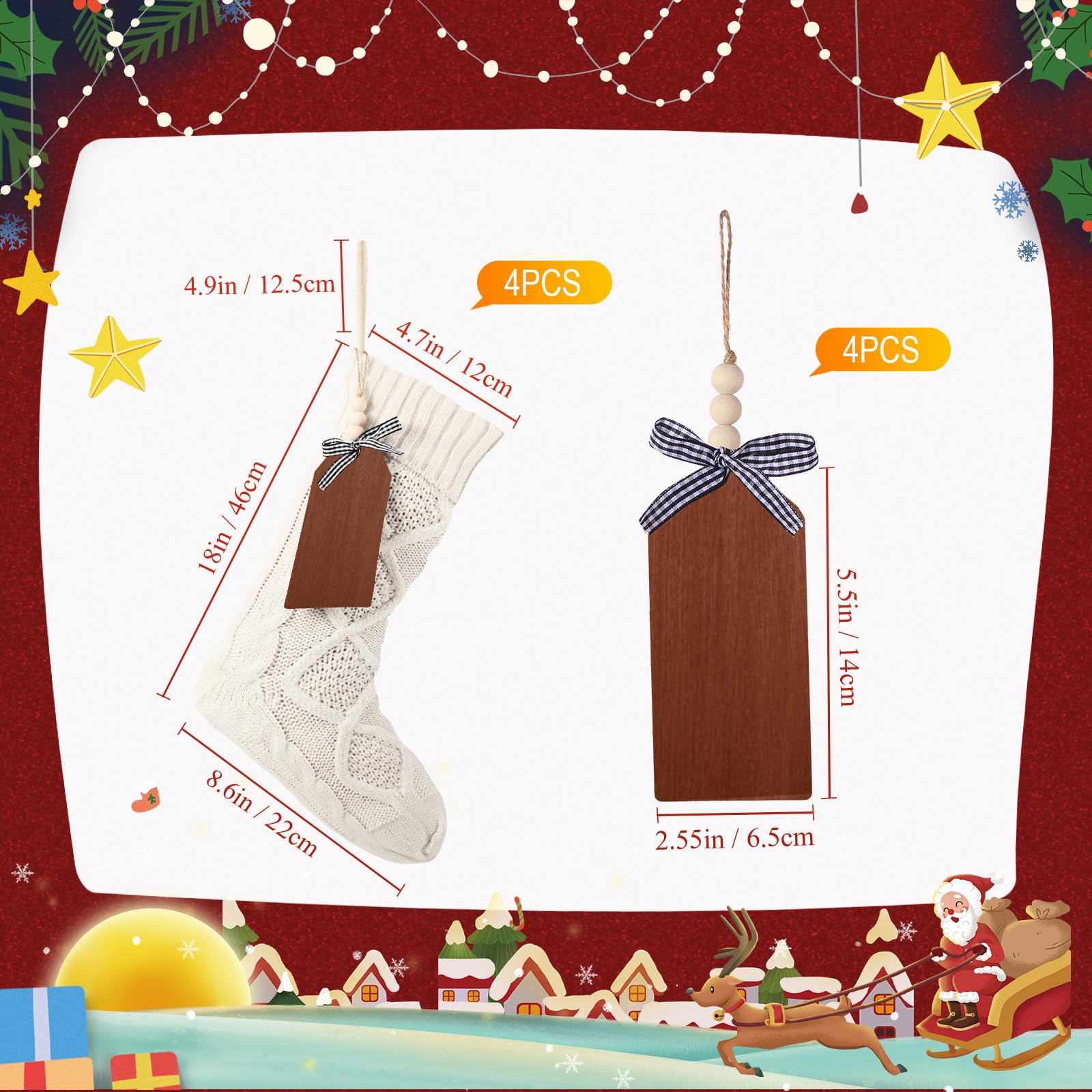 Lot de 8 grandes chaussettes de Noël avec étiquettes nominatives en bois à faire soi-même, 45,7 cm, avec étiquettes de Noël pour décorations de fête de Noël (blanc)