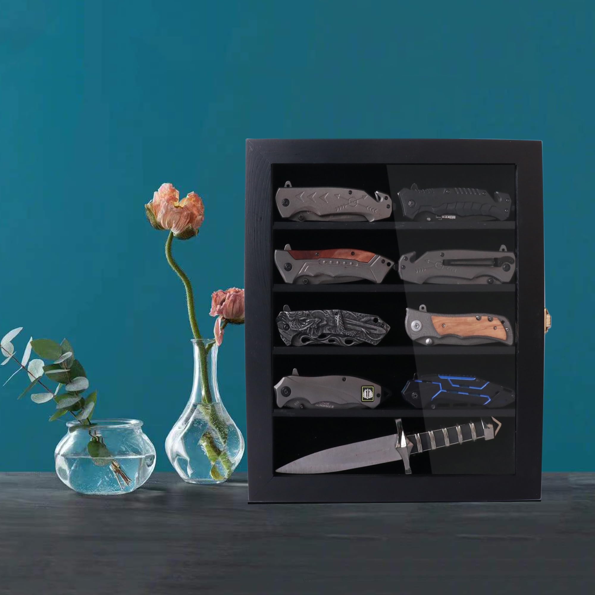Présentoir pour Couteau de Poche,Présentoir pour Couteau,pour Couteau de Poche et Couteau Pliant Militaire,Résistant à la poussière et aux UV,Verrouillable,Noir