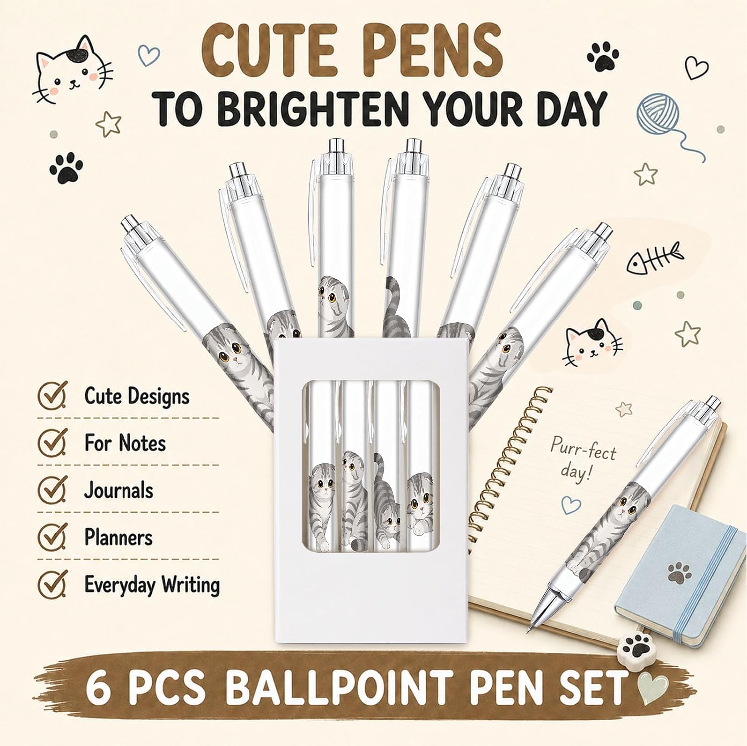 6 Scottish Fold Cute Cat Pens, Funny Pens, Gifts for Students and Coworkers image 2