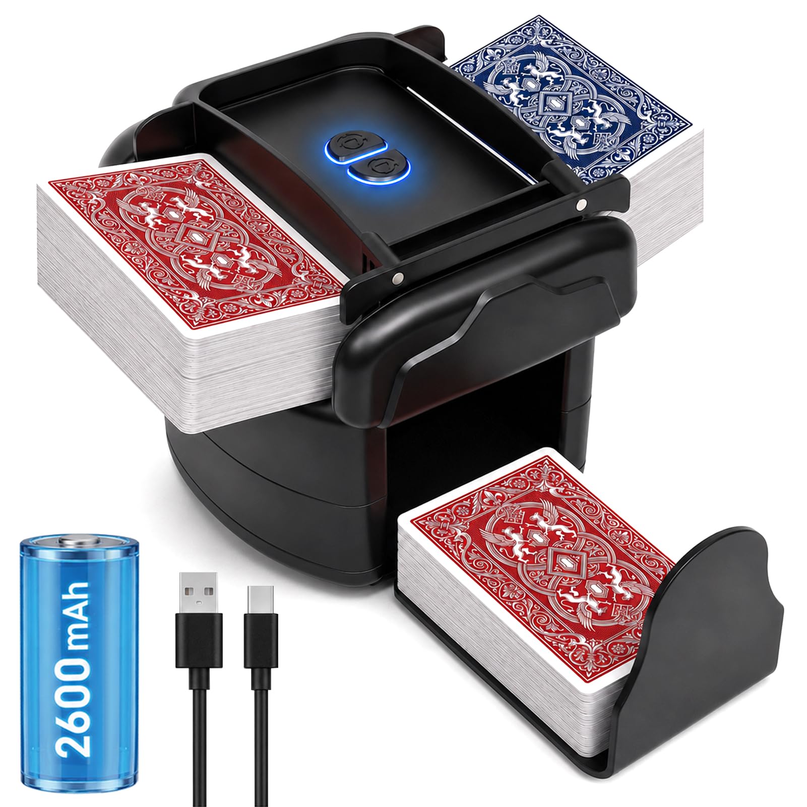 Miscelatore di carte elettrico, mixer automatico per carte, USB con batteria da 2600 mAh, mixer per 1-4 mazzi di poker, shuffler per UNO, nero