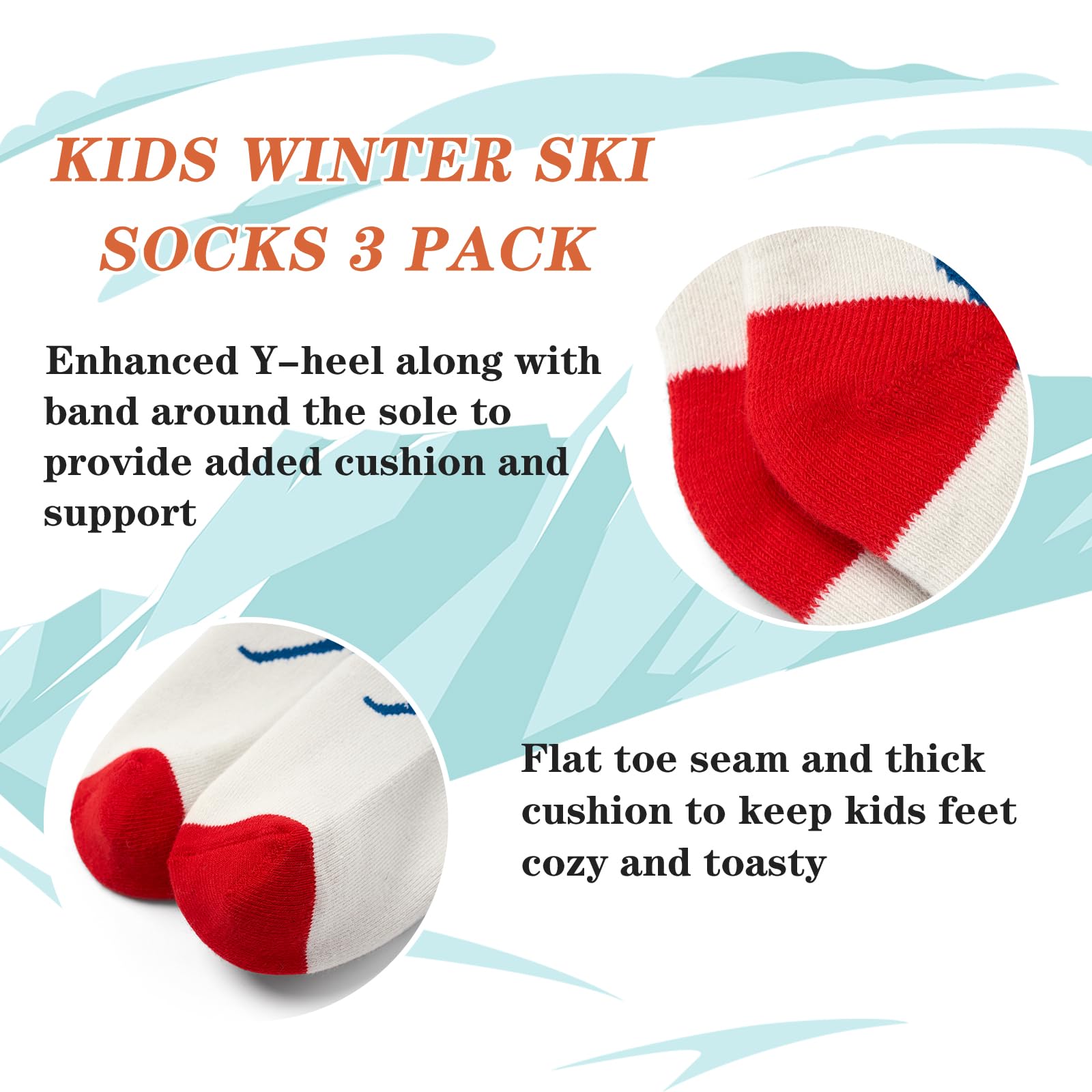 Lot de 3 paires de chaussettes de ski chaudes unisexes pour enfant garçon Chaussettes de ski épaisses pour fille Chaussettes thermiques pour ski et snowboard