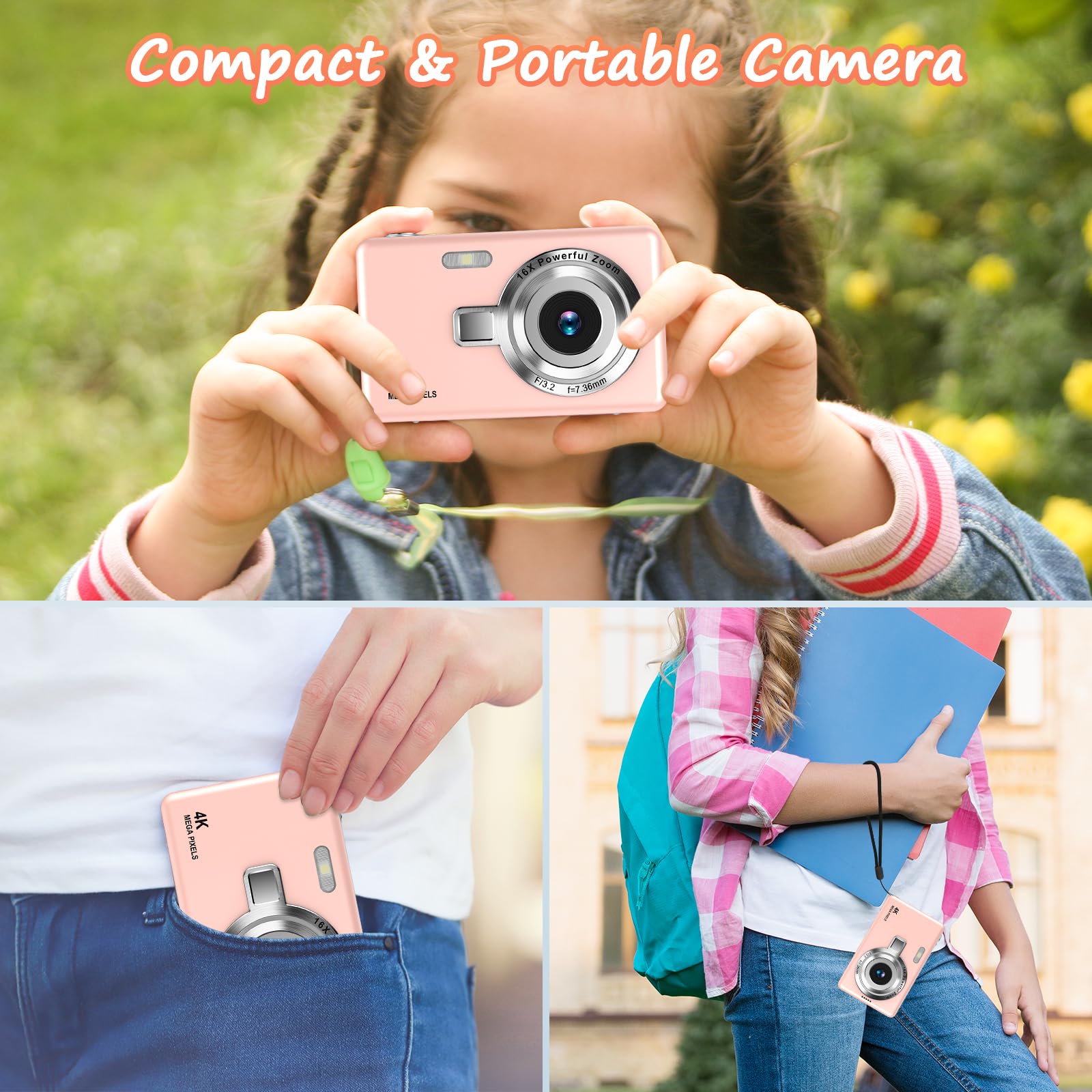 Fotocamera digitale 1080P FHD, 44MP con schermo LCD da 2.4", zoom digitale 16x, fotocamera digitale per vlogging fotocamera digitale portatile con scheda SD da 32 GB per bambini (Rosa)