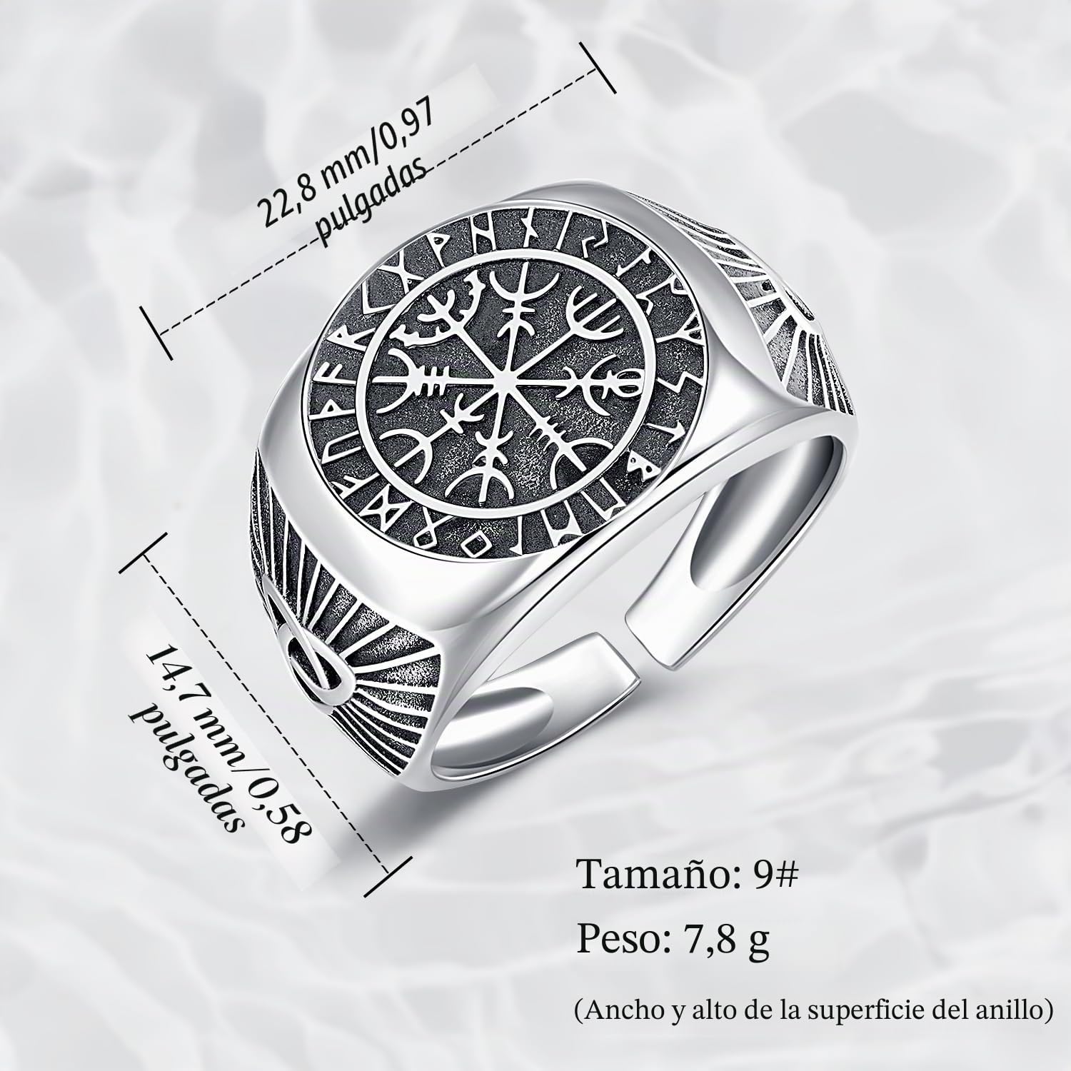 Anillo para Hombre Plata de ley 925 Anillo Runas Vikinga Brújula Vegvisir Anillo Nórdico Joyería de Protección para Hombre Mujer
