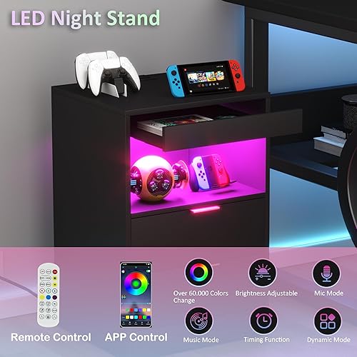 Miniatura 4 de Yusong Mesita de noche, mesita de noche, mesita de noche LED con estación de carga, moderna mesita de noche, mesa auxiliar de sofá de madera con 2