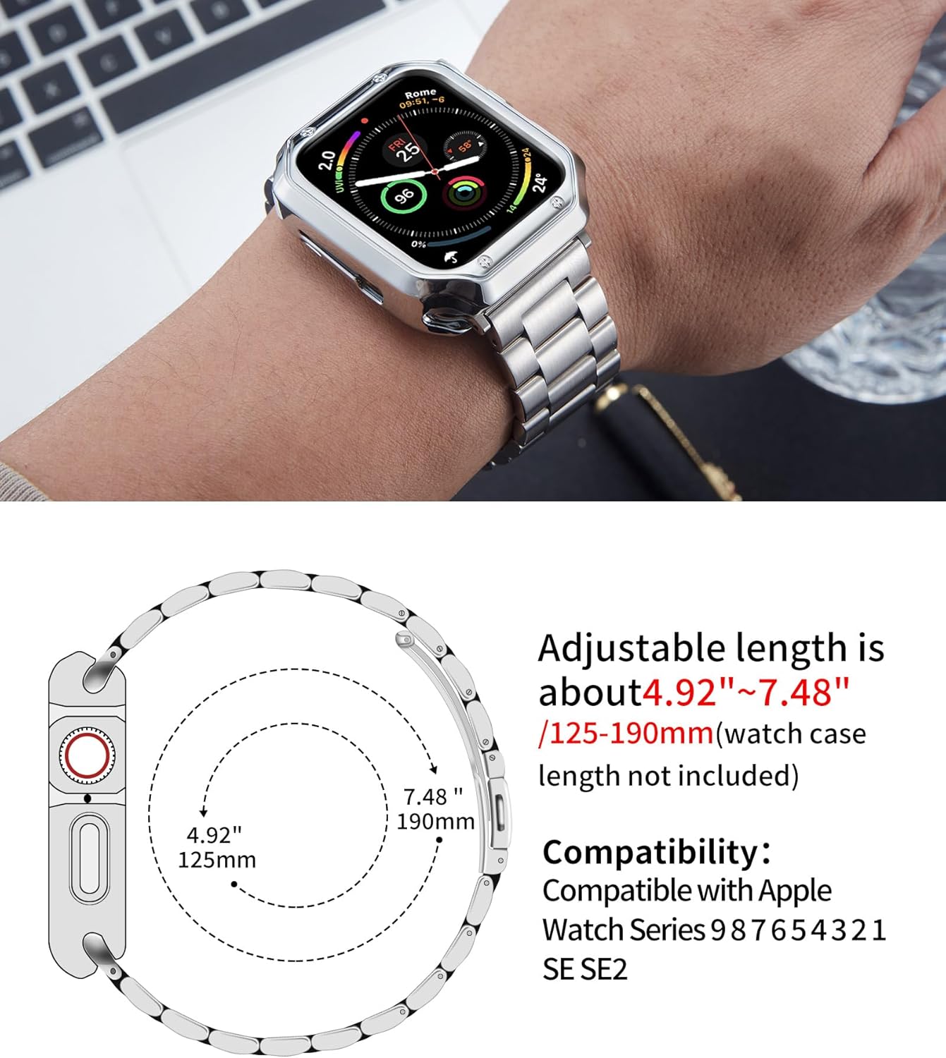 BINLUN Compatible with Apple Watch Band 49mm 46mm 45mm 44mm 42mm 41mm 40mm 38mm Stainless Steel Metal Watch Strap with TPU Watch Case Compatible with iWatch Series Ultra/11/10/9/8/7/SE2/SE/6/5/4/3/2/1