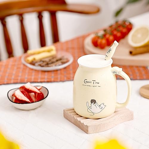 Miniatura 2 de SHENDONG Bonita taza de gato con tapa y cuchara estilo japonés, color amarillo, 15 onzas