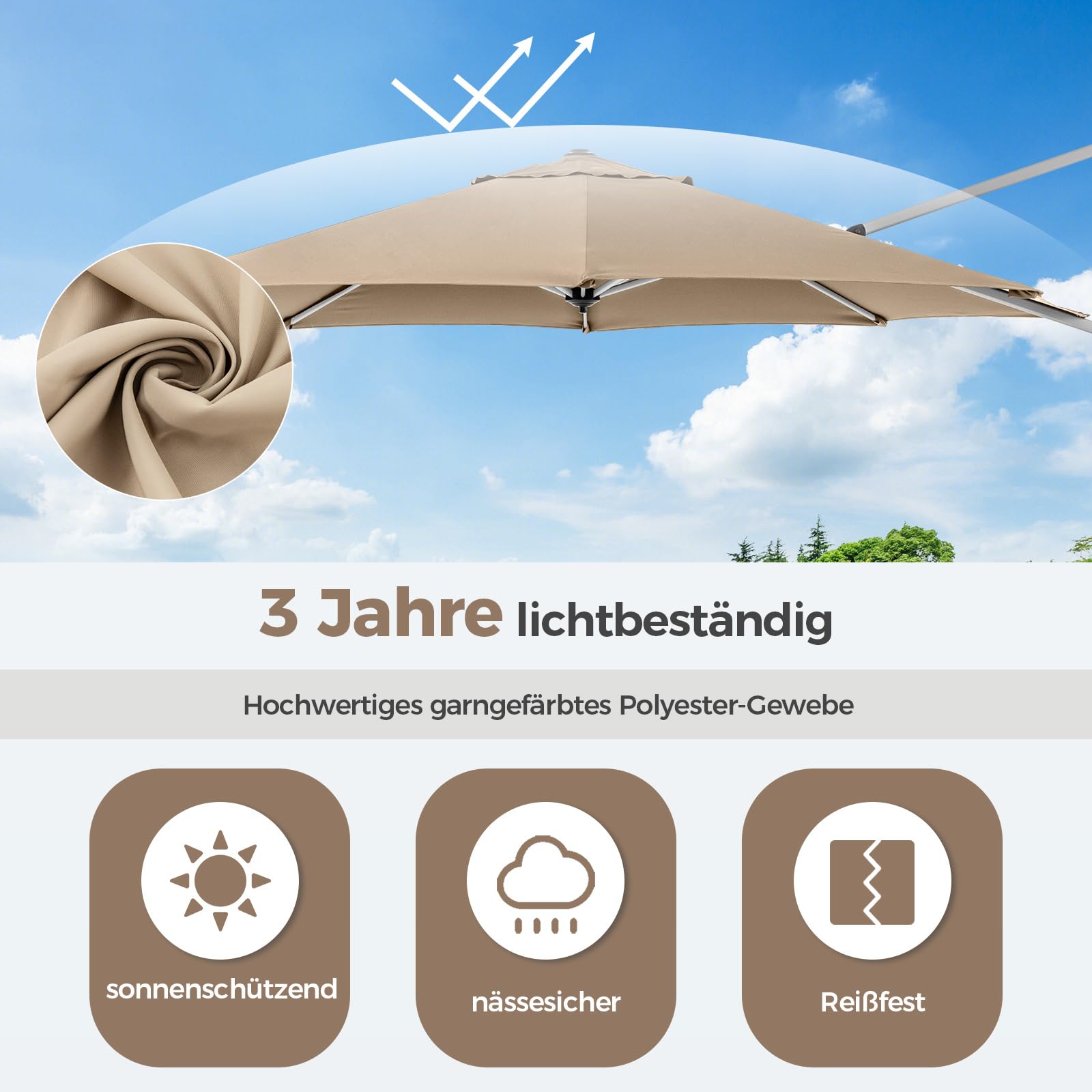 COSTWAY Parasol przeciwsłoneczny Ø 330 cm, z korbą, obracany o 360°, regulowany kąt nachylenia, UPF 50+, parasol ogrodowy, parasol tarasowy, do ogrodu, na taras, balkon, beżowy, 330 cm