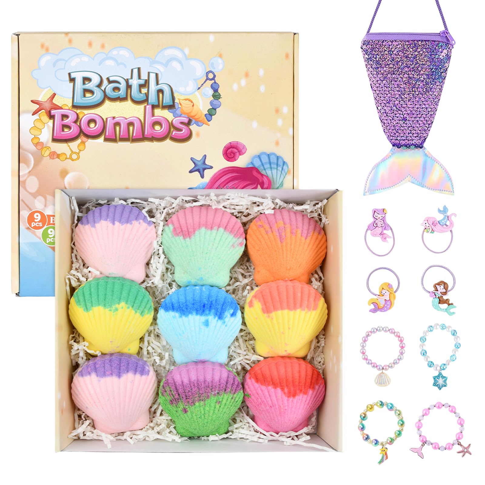 Bombe da Bagno Bambini con Gioielli Sorpresa, 9x150g Bomba da Bagno in schiuma naturale e organica, Effervescenti Bubble Bath Bombs Kit con Borse per Ragazze Regali di Compleanno Pasqua Natale