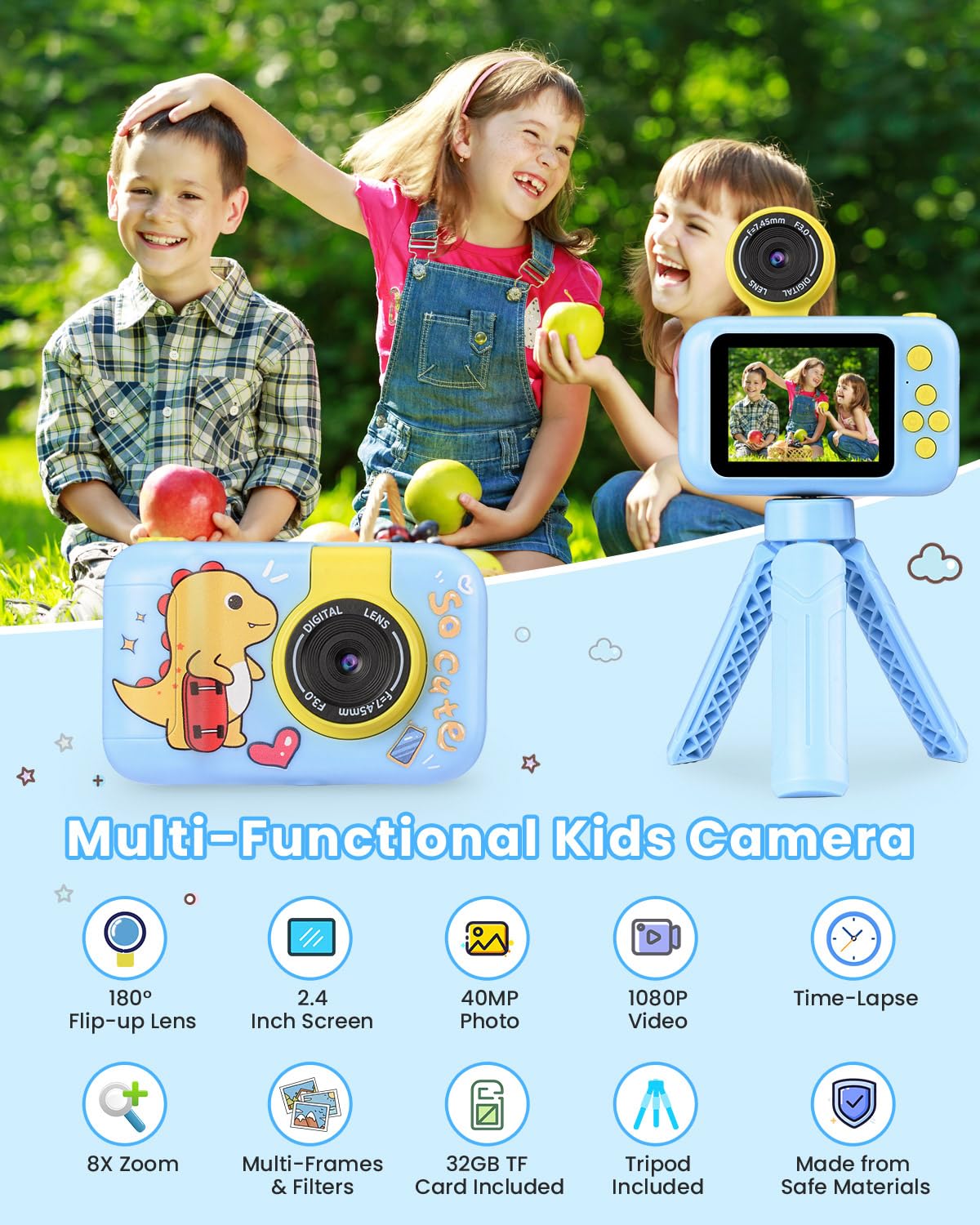 Fotocamera per Bambini con Treppiede, Macchina Fotografica Digitale Dinosauro per Ragazzi 3-10 Anni, 1080P, Display IPS 2.4", Obiettivo Rotante 180°, Scheda 32GB, Regalo Natale o Compleanno,Blu
