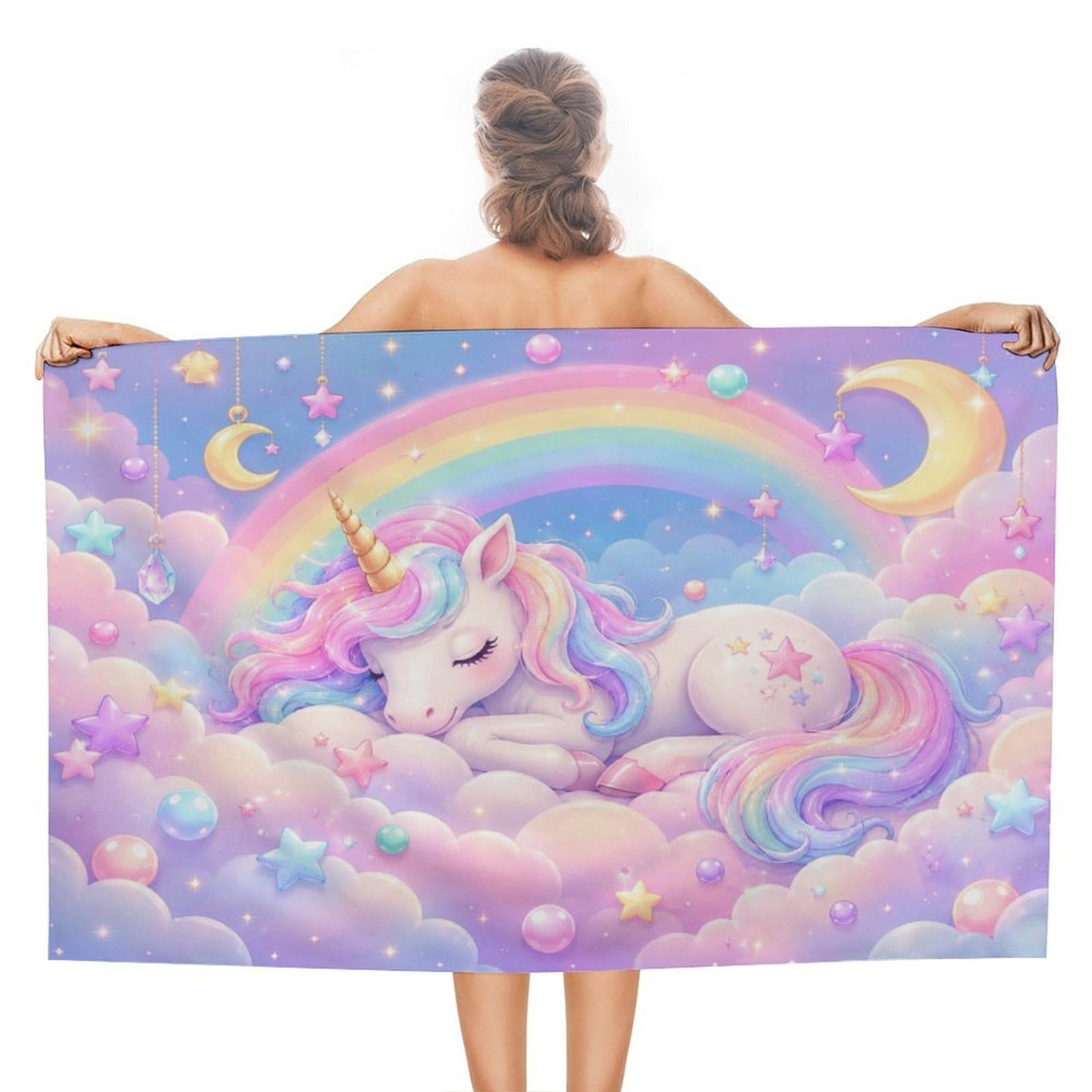 Anceky Unicorn Rainbow Clouds Stars Moon Oversized Beach Towel Quick Dry Sand Free Microfiber Travel Towel Lightweight Multi Purpose Beach Blanket Pool Gym Bath Towel 51x31 in