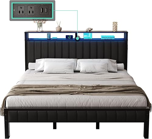 Miniatura 34 de Base de cama de tamaño matrimonial, plataforma LED con cabecera de piel sintética, estación de carga, espacio de almacenamiento de 2 niveles, no