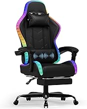 Gaming Chair with RGB LED Light, 366 Light Effect Modes, Dirt-Resistant PU Canvas, Synchronized Armrests, USB Massage Cushion Lombaire