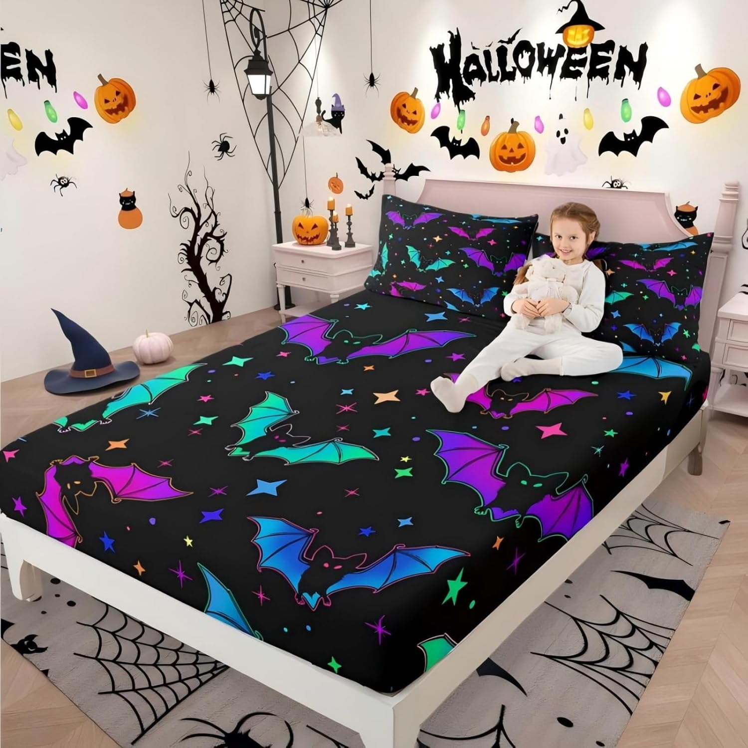 Erosebridal Halloween Bat Bedding Sets Full Size Glitter Stars Galaxy Bed Sheets for Kids Child, Gothic Bats Fitted Sheet Halloween Decorations Teal Blue Green Purple Multi 01 Full