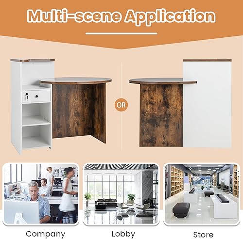 Miniatura 8 de Tangkula Escritorio de recepción, mostrador frontal con cajón con cerradura y estante ajustable, escritorio ovalado, mostrador minorista para pagar,