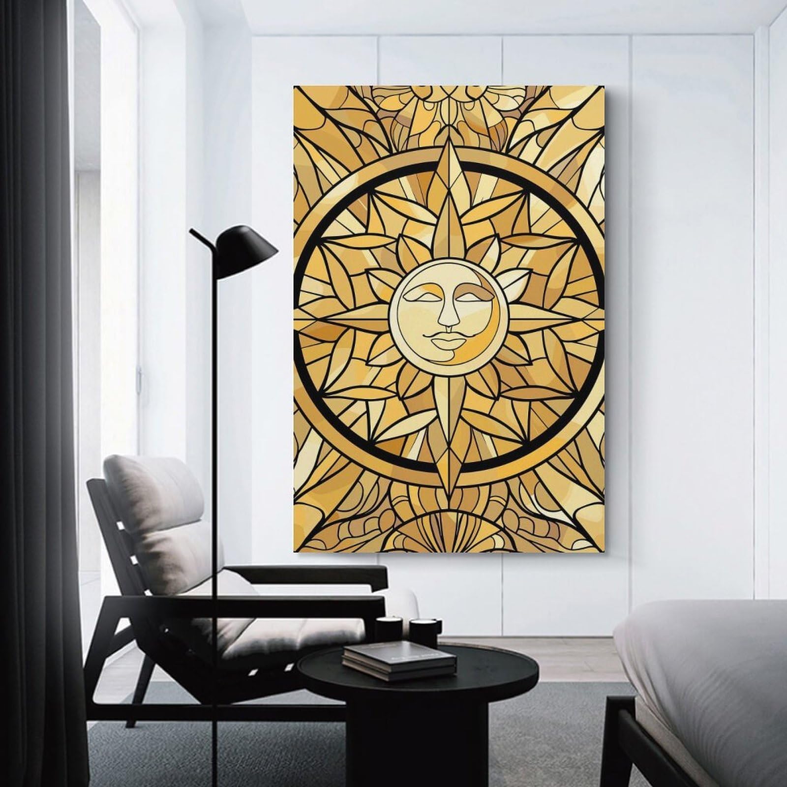 Junmoney Canvas Wall Art Golden Sun Stained Glass Art, 08x12inch(20x30cm), for Corridors, Hallways Or Apartment Entries, Decorative Canvas Styling for Entry Areas