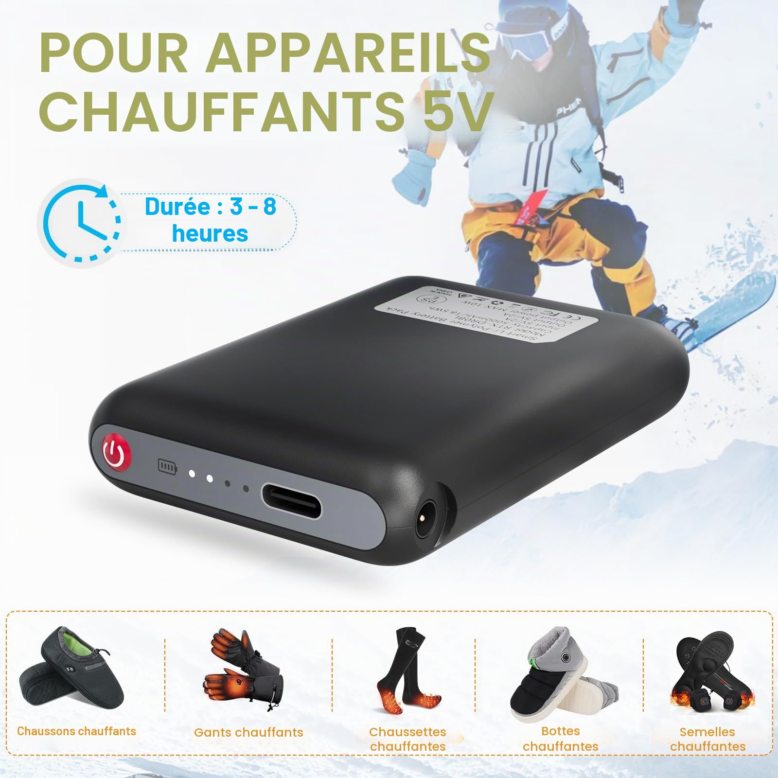 Batterie rechargeable Li-polymère 5 V 5000 mAh, chaussettes chauffantes rallongent les piles, sortie DC 3,5 × 1,35 mm, batterie de rechange pour pantoufles, gants, chapeaux - Ne prend pas en