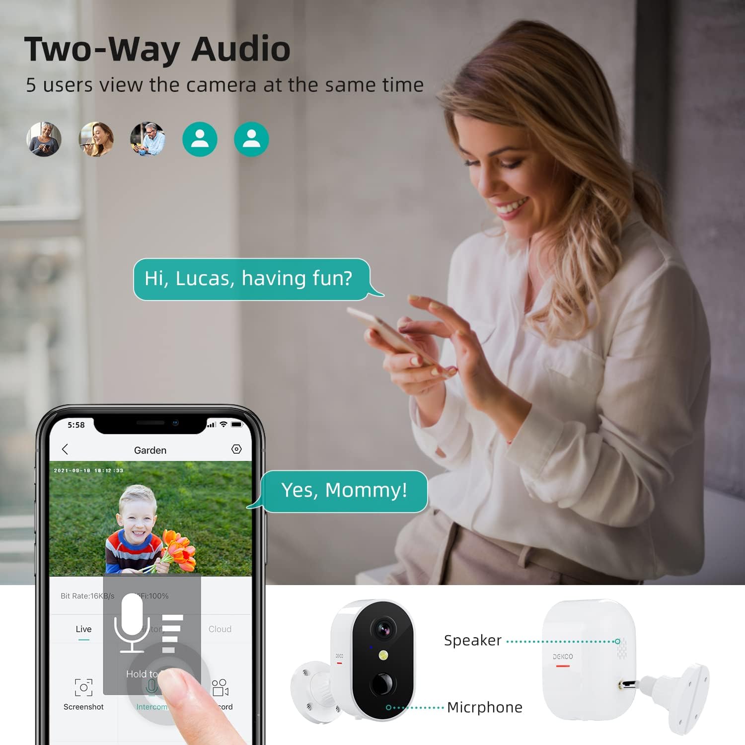 Image showing a woman using a smartphone to talk to a child visible on the camera feed, demonstrating two-way audio.