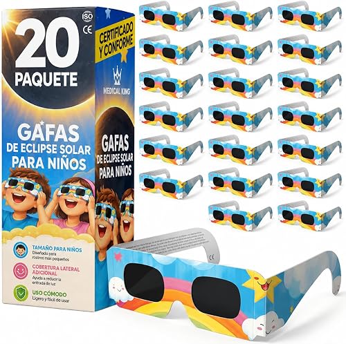 Medical king Gafas Eclipse Solar Homologadas ISO 12312-2 - Viene Con 2 Lentes Fotográficos Para Smartphone Aprobados según la norma ISO, con certificación CE: Gafas para ver eclipses solar 2026
