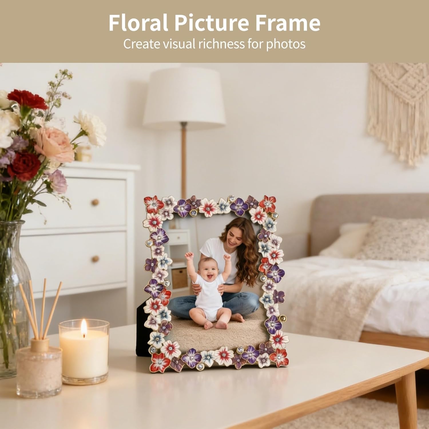 Pink Floral Picture Frame 4 x 6 inch, 3D Blossom Photo Frame, Gold-Trim Sparkle Accents, Tabletop Display Frame with Easel Back, Romantic Vintage Home Decor for Dresser Shelf Vanity Office