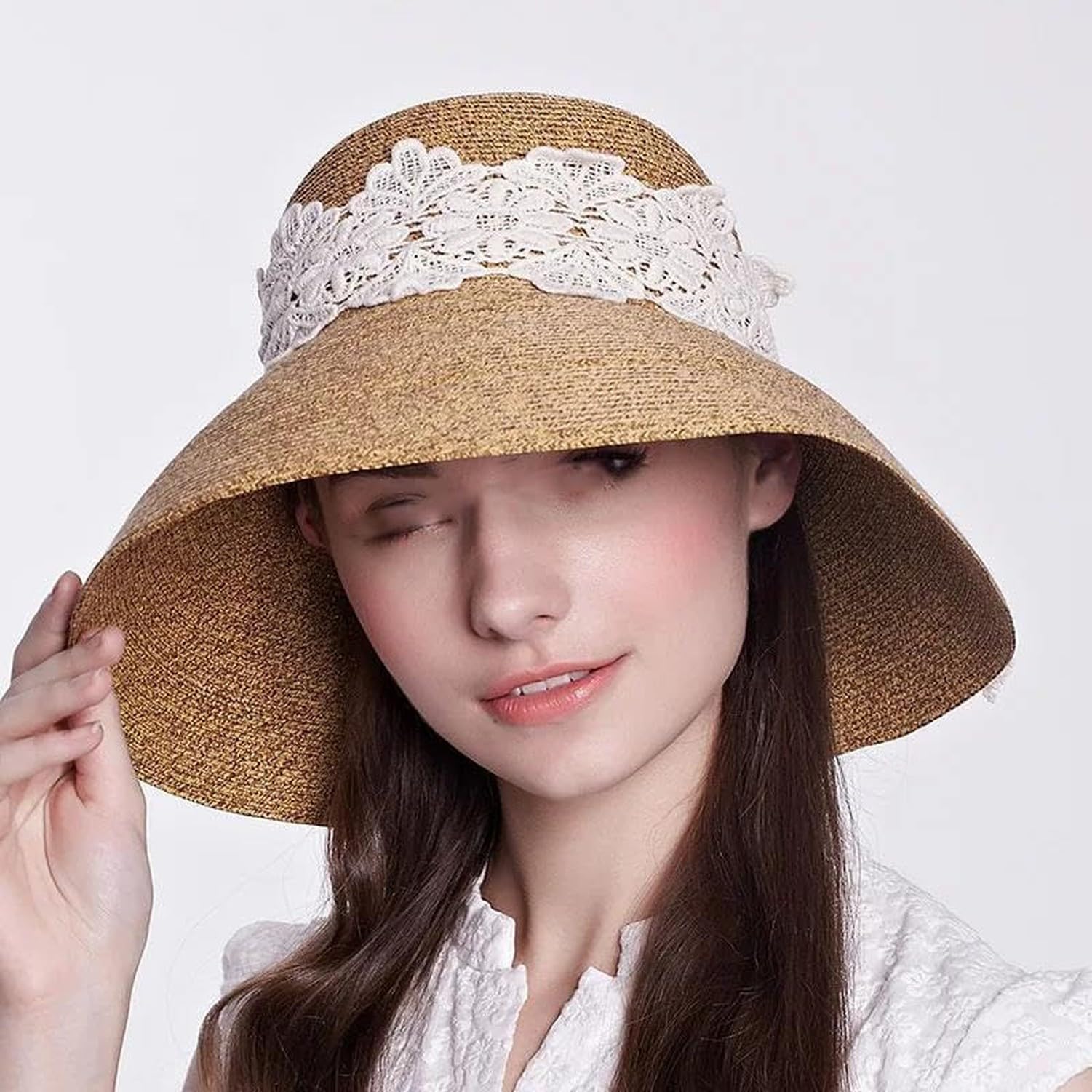 Sombrero de Paja Plegable ala Ancha, Visera Elegante y Protector Solar para Playa y Actividades al Aire Libre en Verano, Caqui
