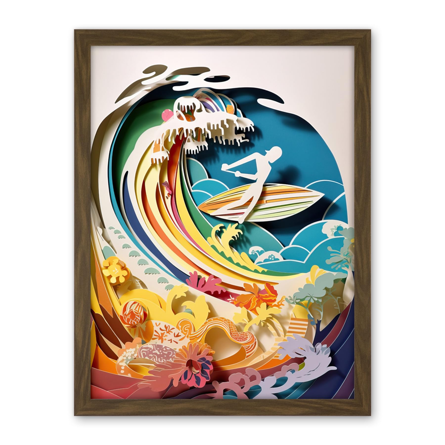 Artery8 Rainbow Kirigami Surfer Surfing Coastal Landscape Artwork Framed Wall Art Print 18X24 Inch