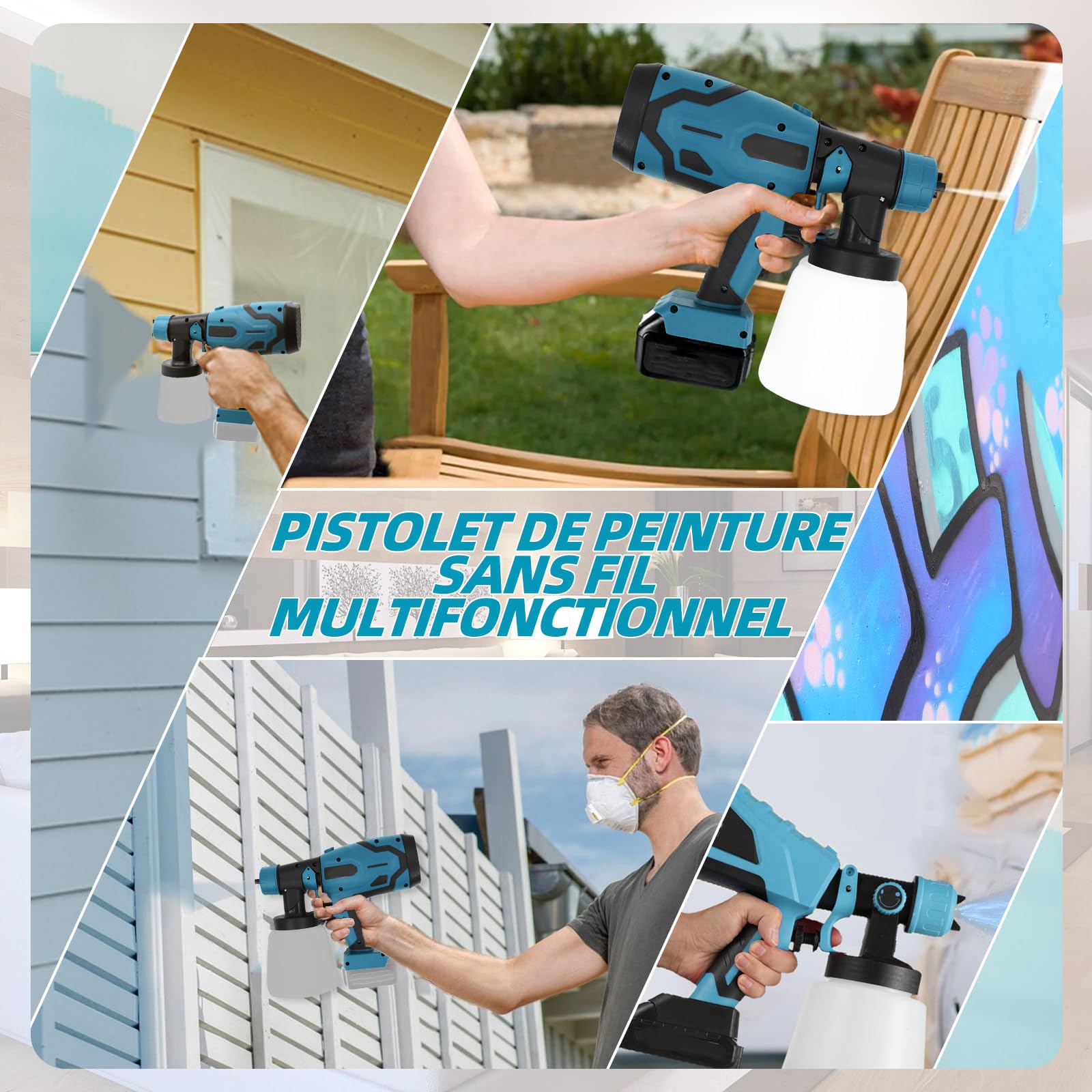 Système de pulvérisation de peinture sans fil avec réservoir de 800 ml et 4 buses, 3 modes de pulvérisation, pistolet à peinture pour murs et clôtures, compatible avec batterie Makita 18 V (sans