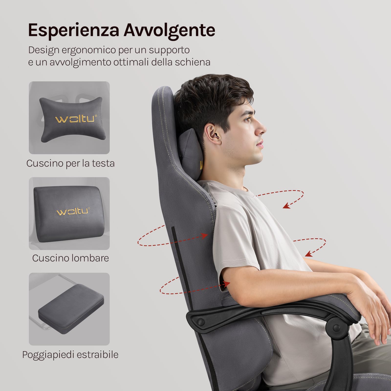 WOLTU Sedia da gaming, Sedia Gaming Ergonomica con Ruote Silenziose, Altezza e Inclinazione Regolabile, con Braccioli Sincronizzati e Poggiapiedi, in Tessuto Scamosciato, Grigio