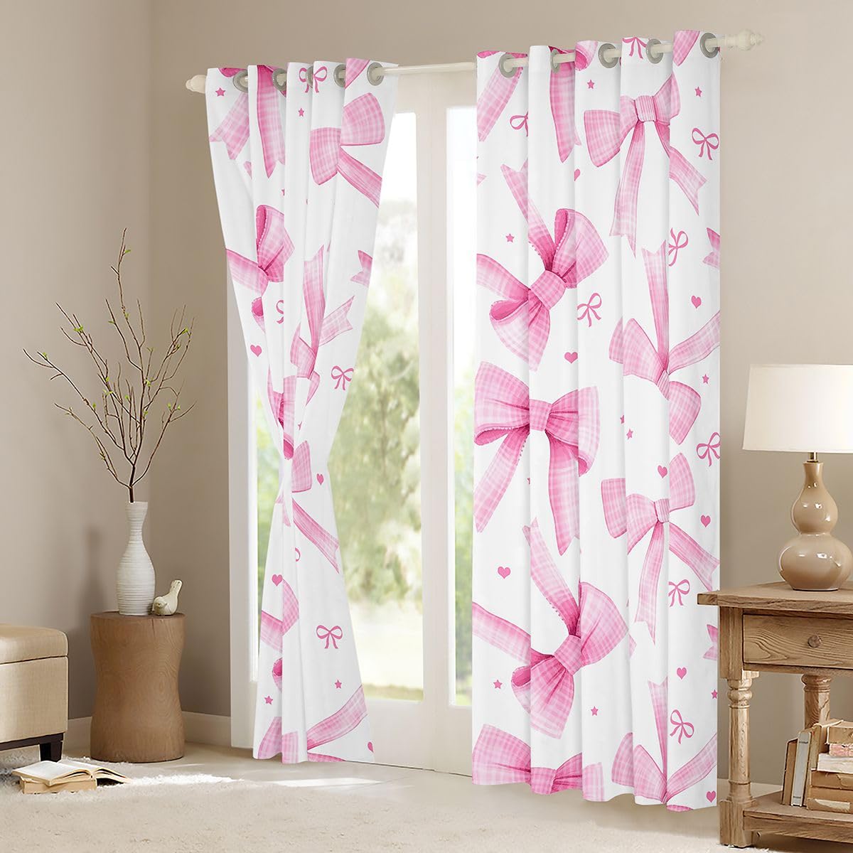 Homewish urocze różowe kokardki zasłony okienne 132 x 160 cm 2 zestawy paneli - modne kokietki kokardki zasłony zaciemniające kawaii wstążka wiązana węzeł zasłony okienne zasłony modny styl