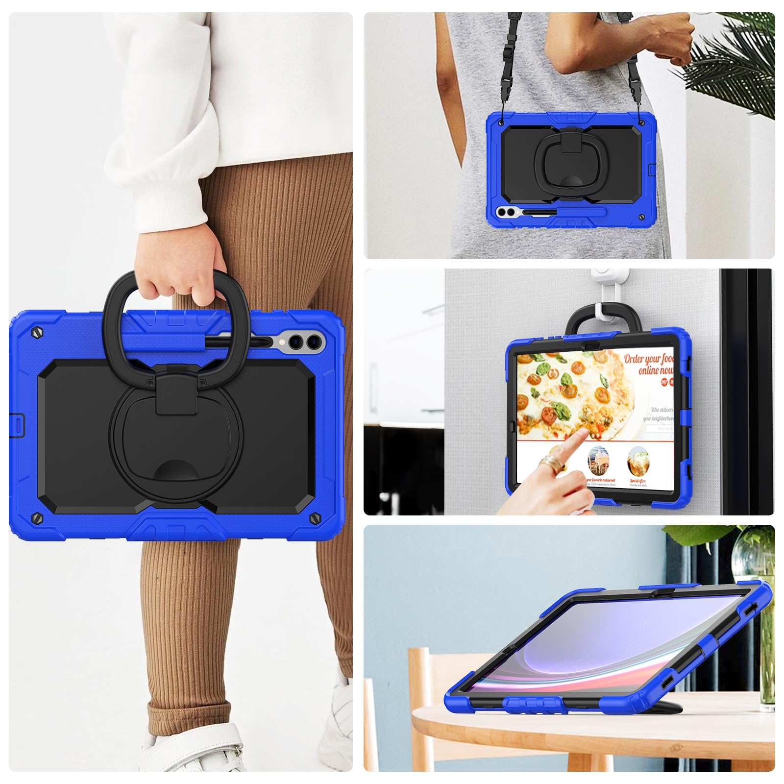 Wytrzymałe, odporne na wstrząsy etui TPU do Samsung Galaxy Tab S10 Plus 12,4 "2024 SM-X820/X826B/X828U Etui dziecięce, uchwyt obrotowy 360 stopni, wspornik stojakowy, osłona ekranu + pasek ramię(Blu)