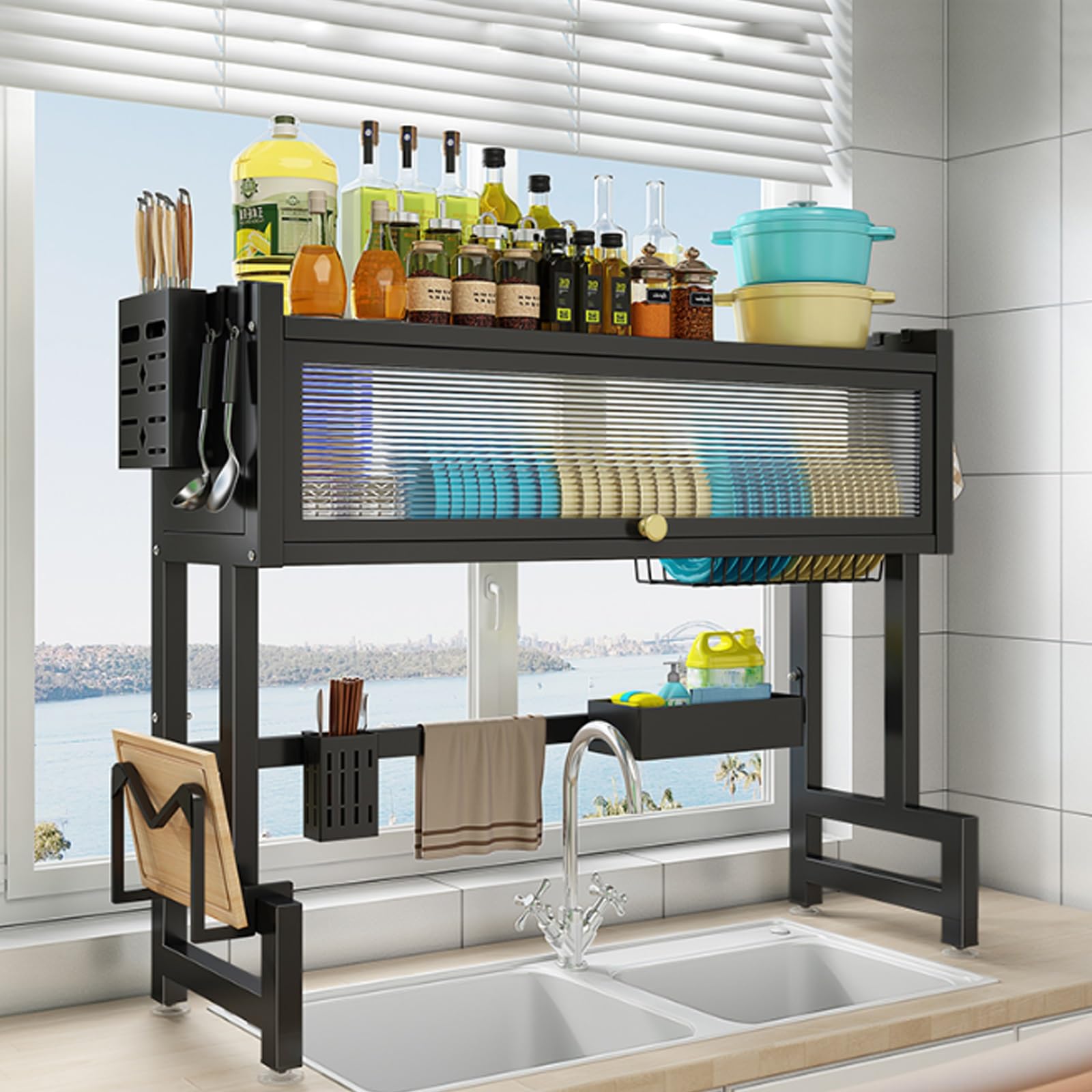Scolapiatti Multifunzionale da Cucina con Vassoio raccogligocce Integrato e vani portaoggetti per Piatti e Posate (Nero, 95 cm/37,4 Pollici)