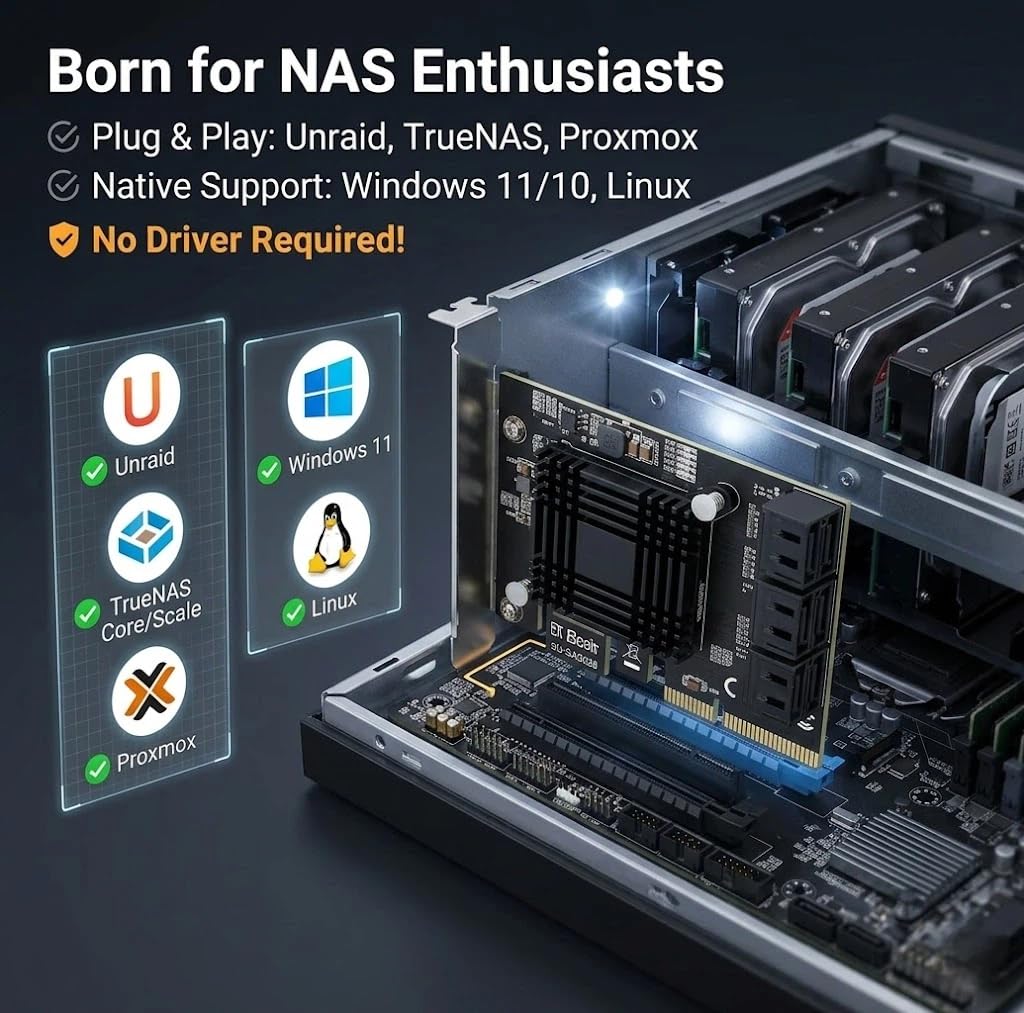 PCIe x4 na 6-portowa karta kontrolera SATA 3.0 do komputera Unraid | PCIe 3.0 x4 6-portowa karta SATA (ASM1166) dla Unraid/TrueNAS. Rozszerzenie pamięci masowej bez RAID 2 GB/s.