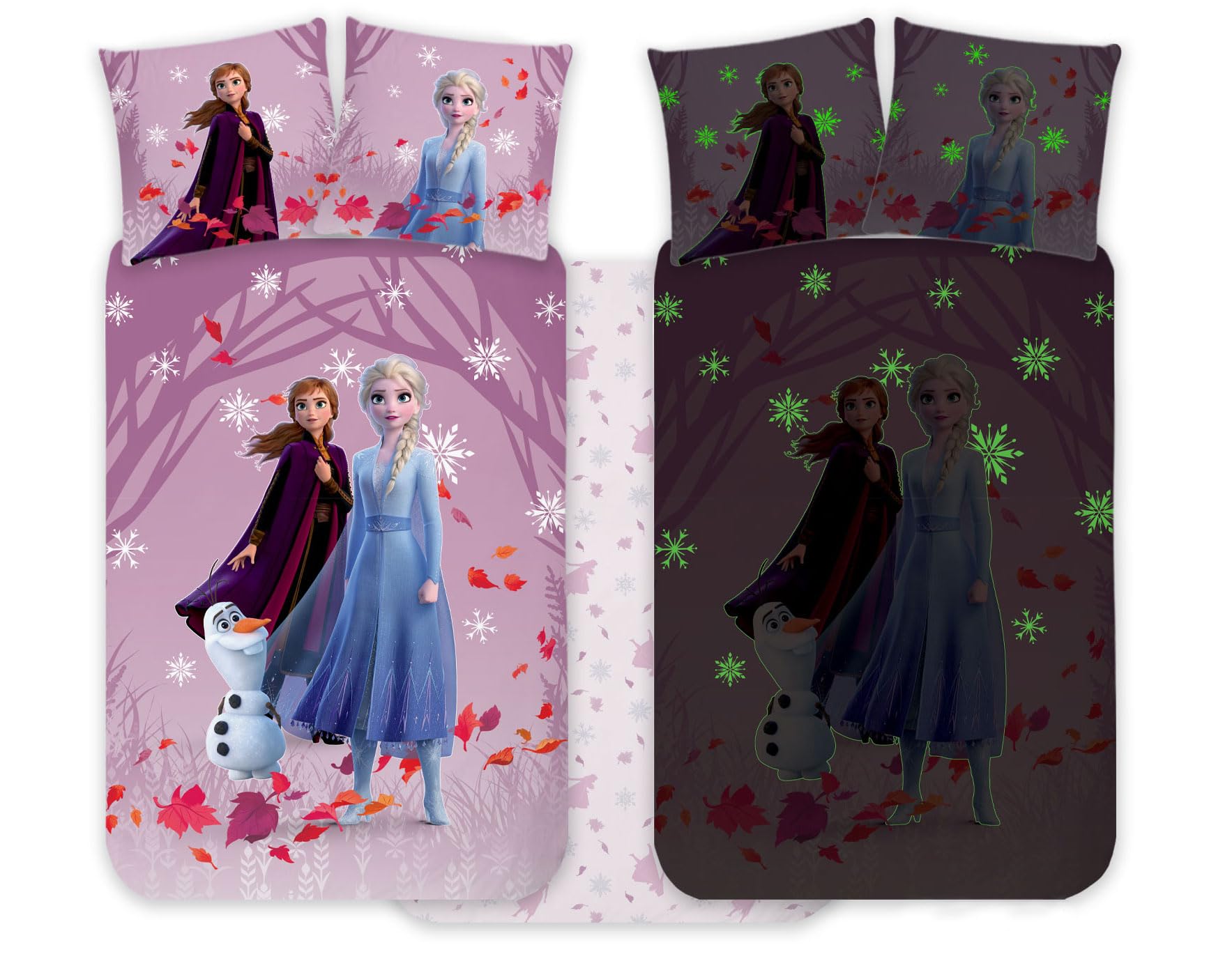 BrandMac Frozen Elsa & Anna Bettwäsche-Set für Kinderbett 100x135 cm & Kissenbezug 40x60 cm, 100% Baumwolle | nachtleuchtendes Bettbezug-Set für Kinder | Wendebettwäsche Set für Mädchen | Magisches