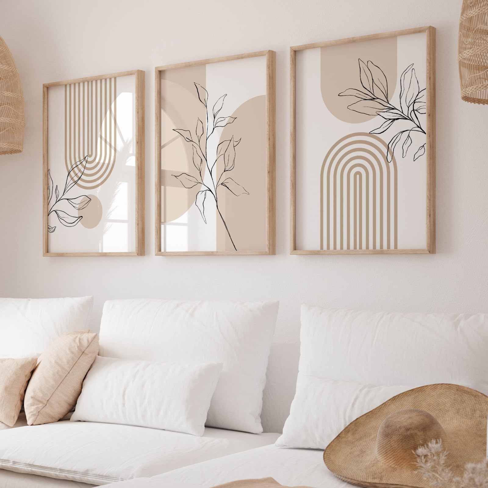 ZBELLO Botanical Prints Set of 3, Modern Wall Art Posters, Beige Neutral Home Decoration, Minimalist Boho Wall Decor for Bedroom Living Room (40×50cm)